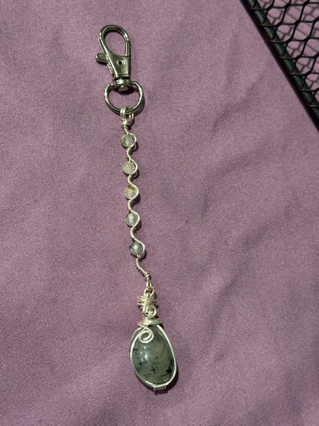 Prehnite silver-tone copper wire-wrapped keychain/purse charm