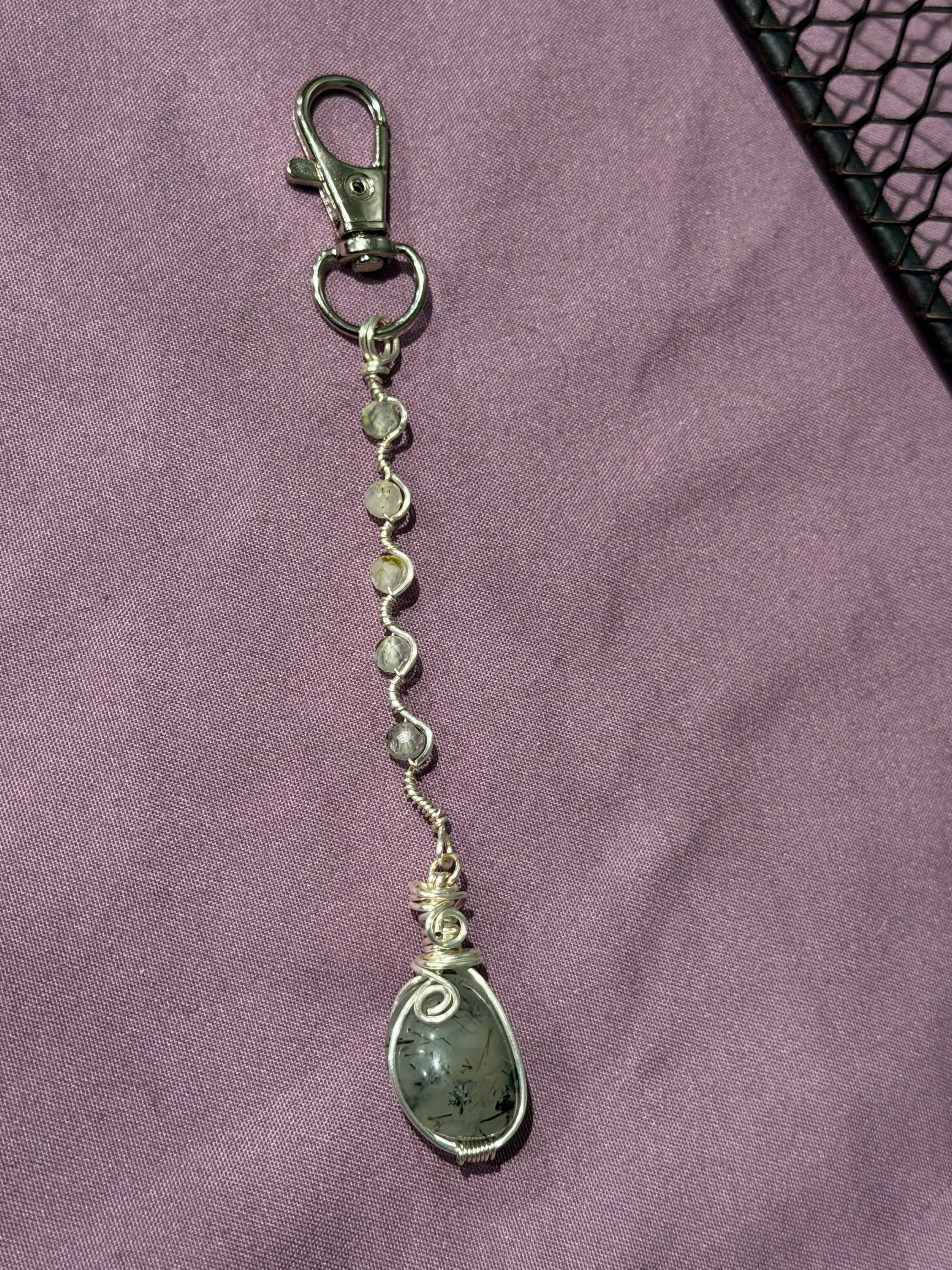 Prehnite silver-tone copper wire-wrapped keychain/purse charm