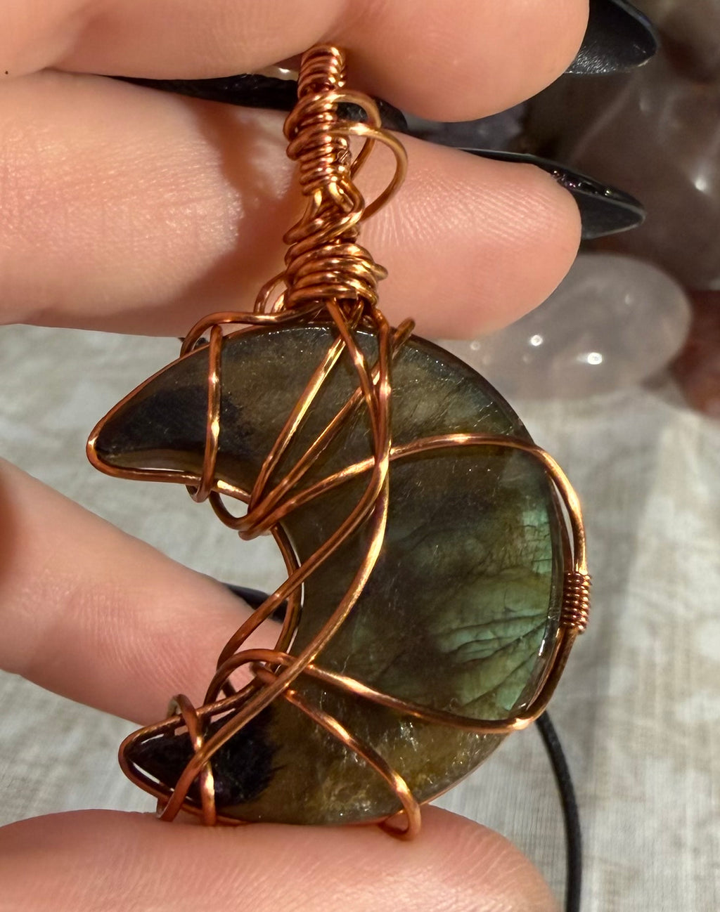 Labradorite moon copper wire-wrapped pendant