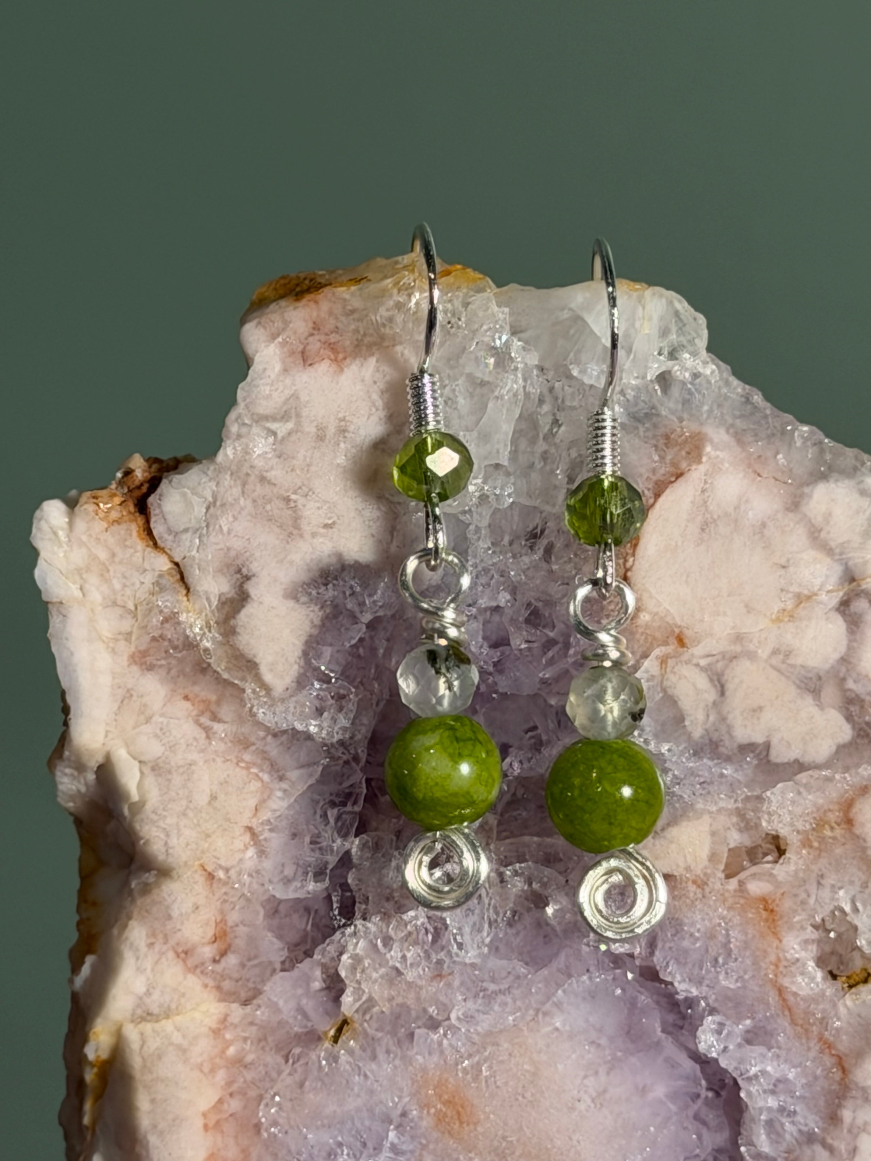 Peridot, Prehnite & green glass beaded silver-tone earrings