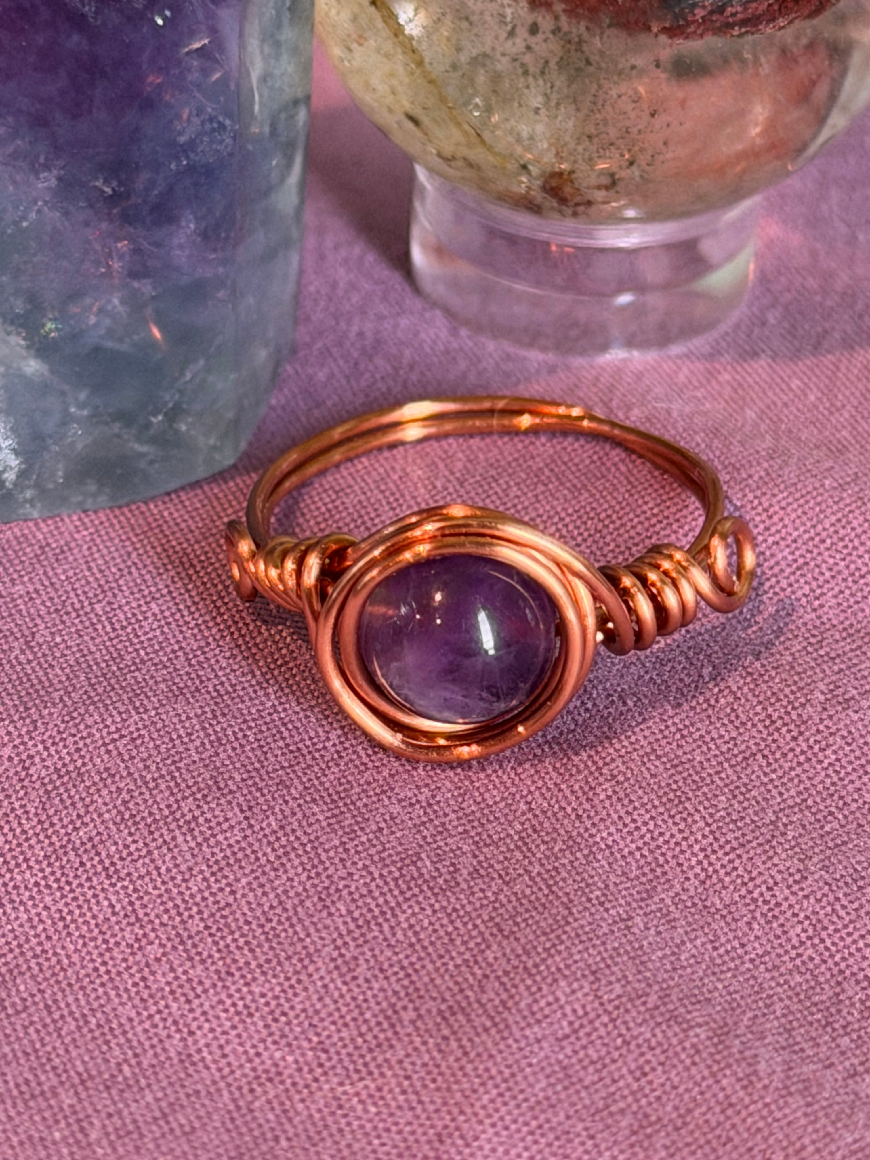 Amethyst size 9 copper wire-wrapped ring