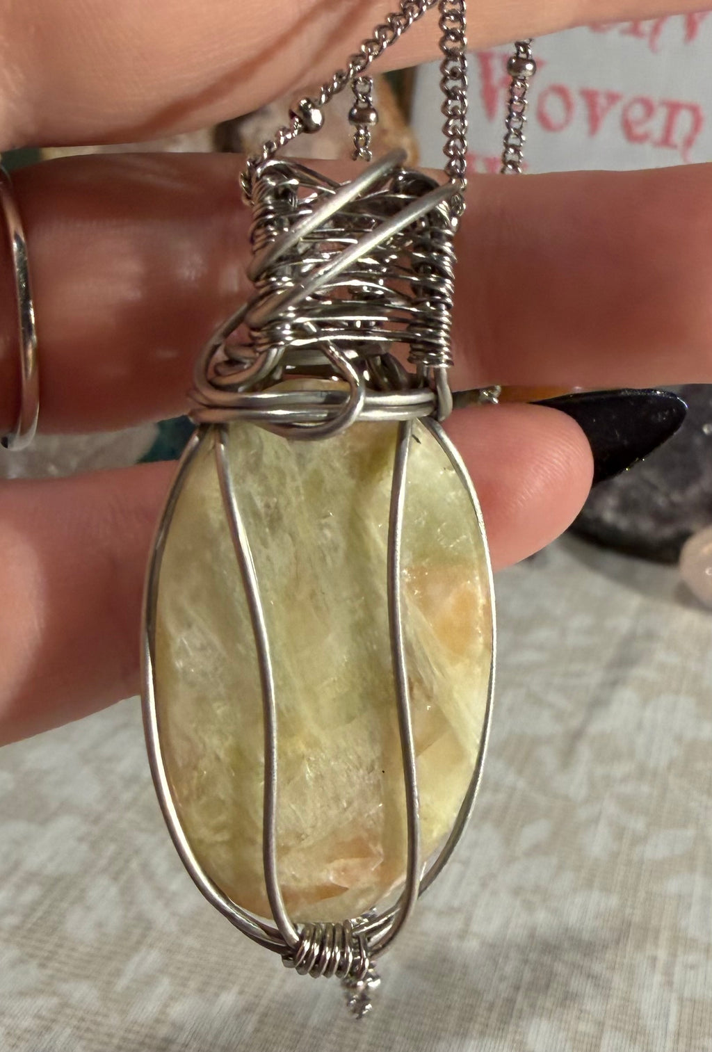 Green Aphophylite & Peach Stilbite stainless steel wire-wrapped pendant
