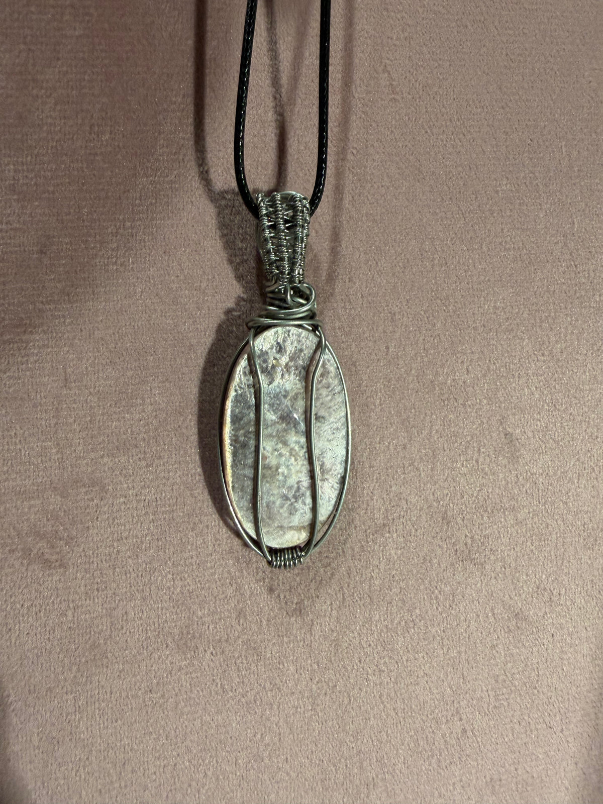 Lepidolite & Rose Quartz stainless steel wire-wrapped pendant