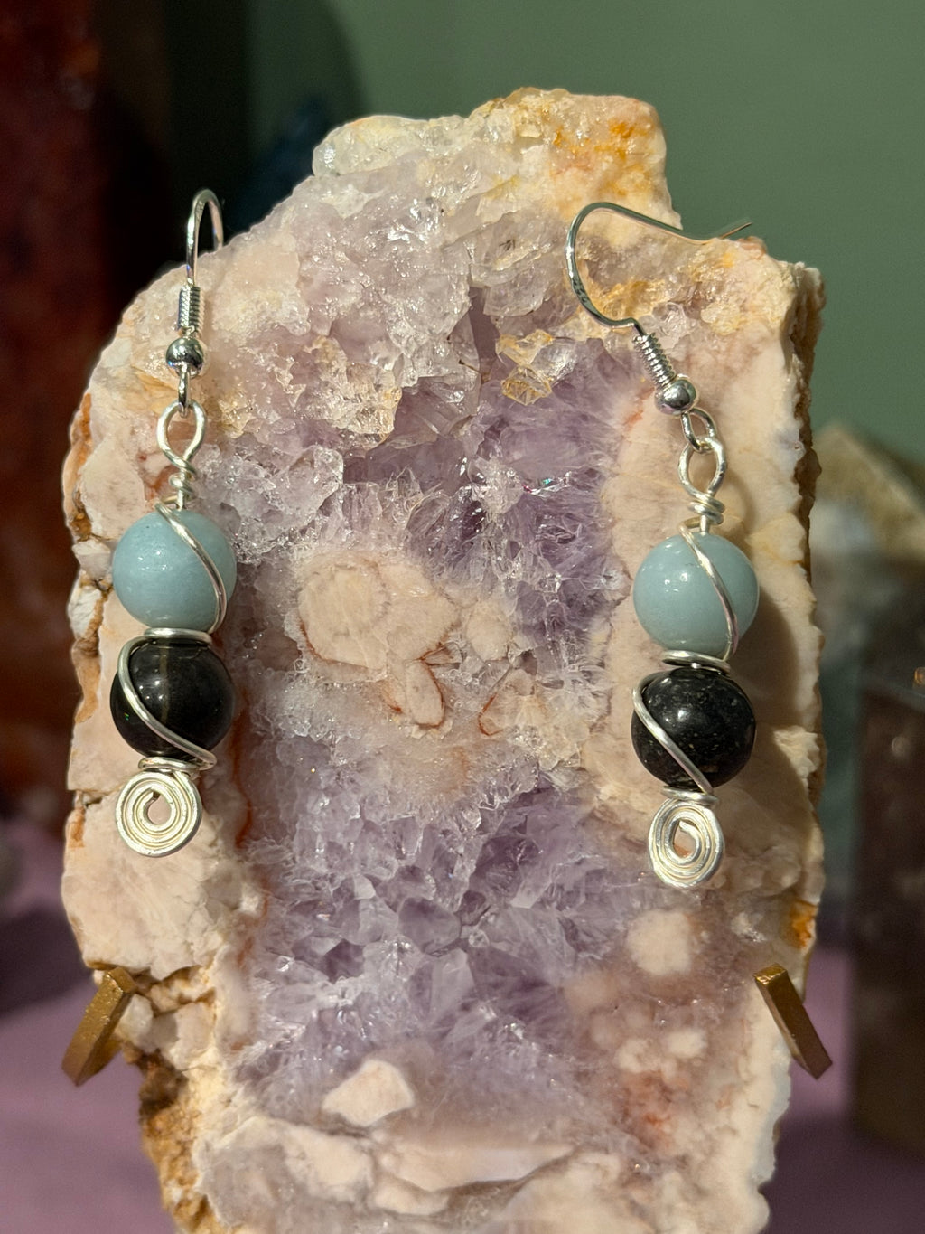 Double Amazonite silver-tone copper wire-wrapped earrings
