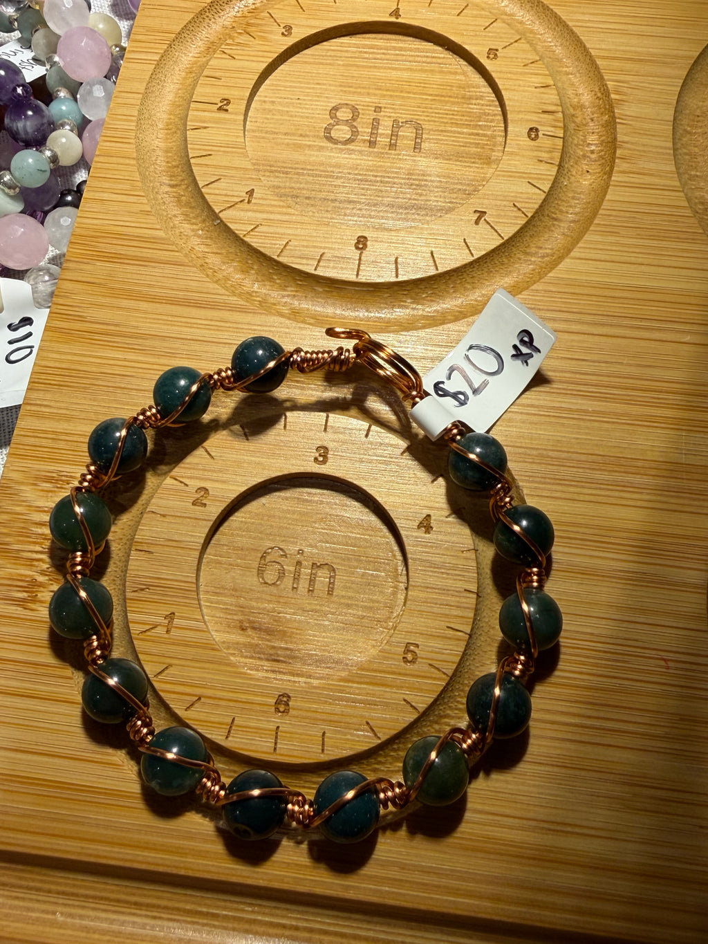 Moss Agate 6 inch copper wire-wrapped bracelet