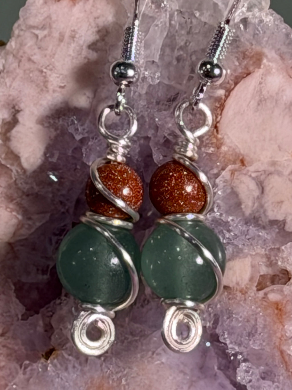 Green Aventurine & Sandstone silver-tone copper wire-wrapped earrings
