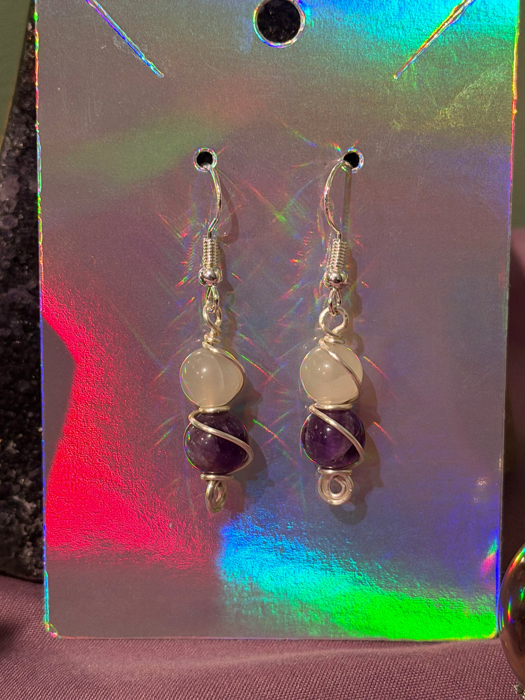 Moonstone & Amethyst silver-tone copper wire-wrapped earrings