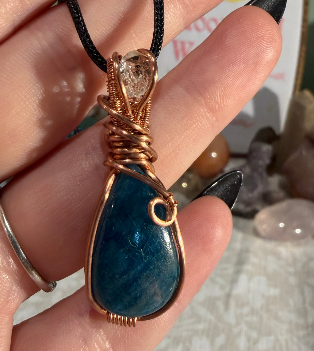 Blue Apatite & Herkimer Diamond copper wire-wrapped pendant