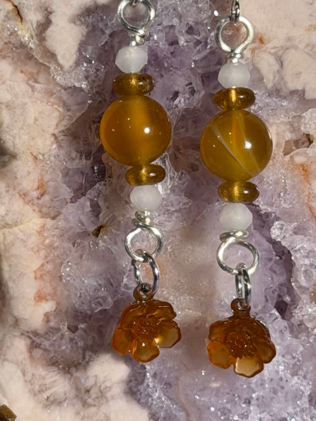 Amber, Yellow Tourmaline & white glass beaded flower silver-tone earrings
