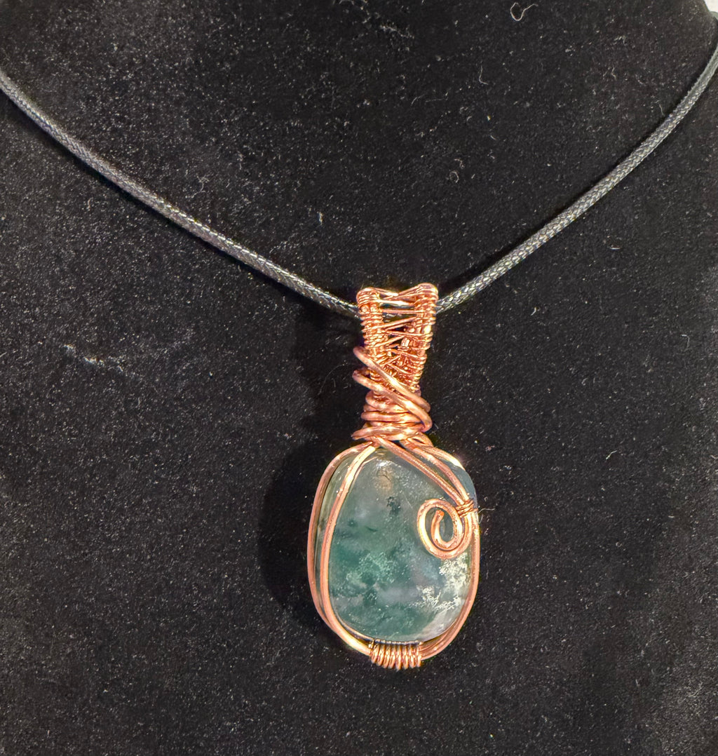 Moss Agate copper wire-wrapped pendant