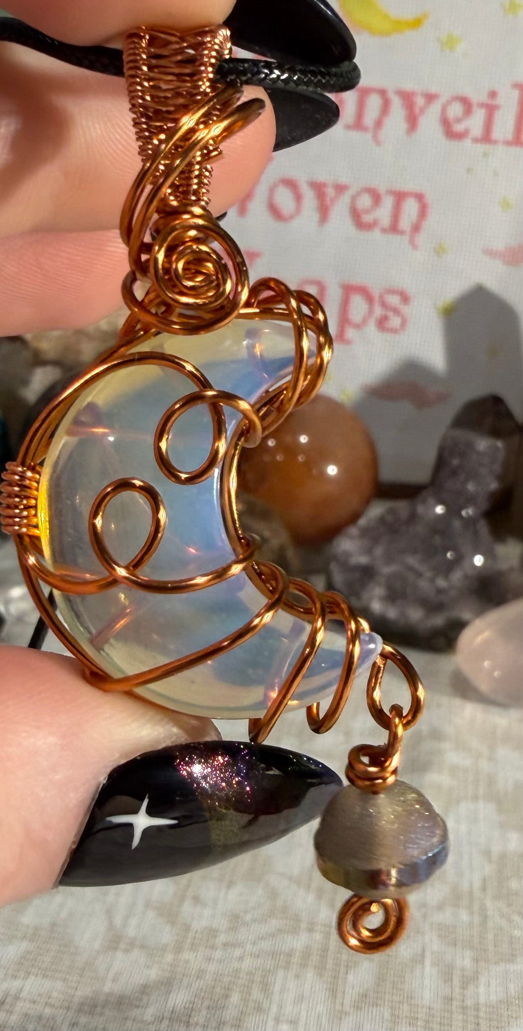 Opalite moon copper wire-wrapped pendant