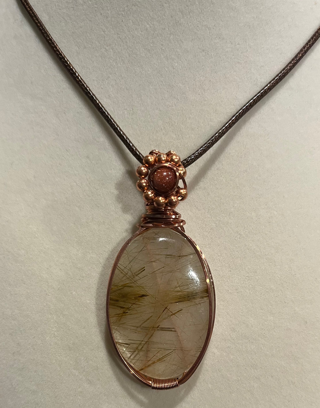 Gold Rutilated Quartz & Sandstone copper wire-wrapped pendant