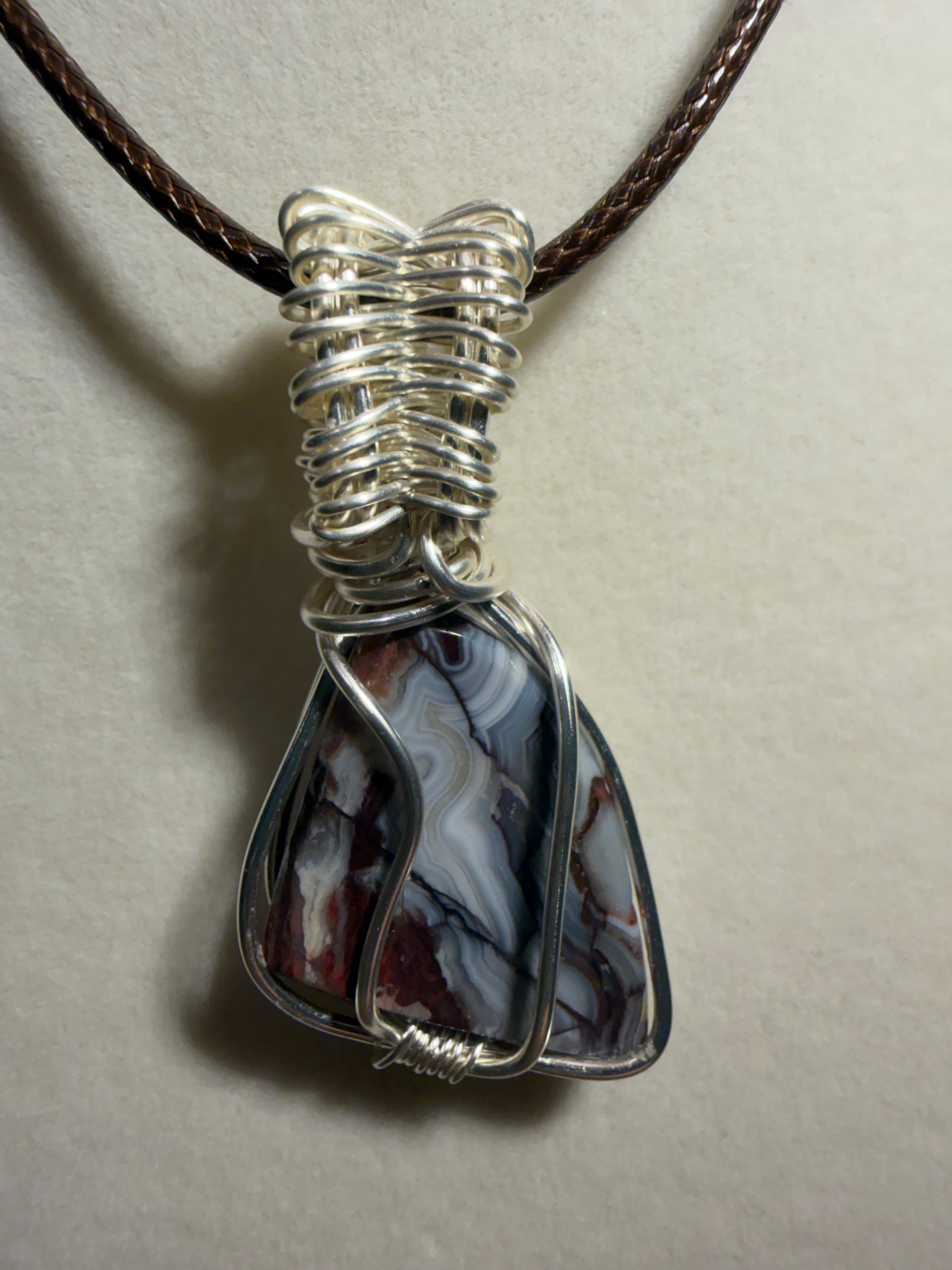 Mexican Crazy Lace Agate silver-tone copper wire-wrapped pendant