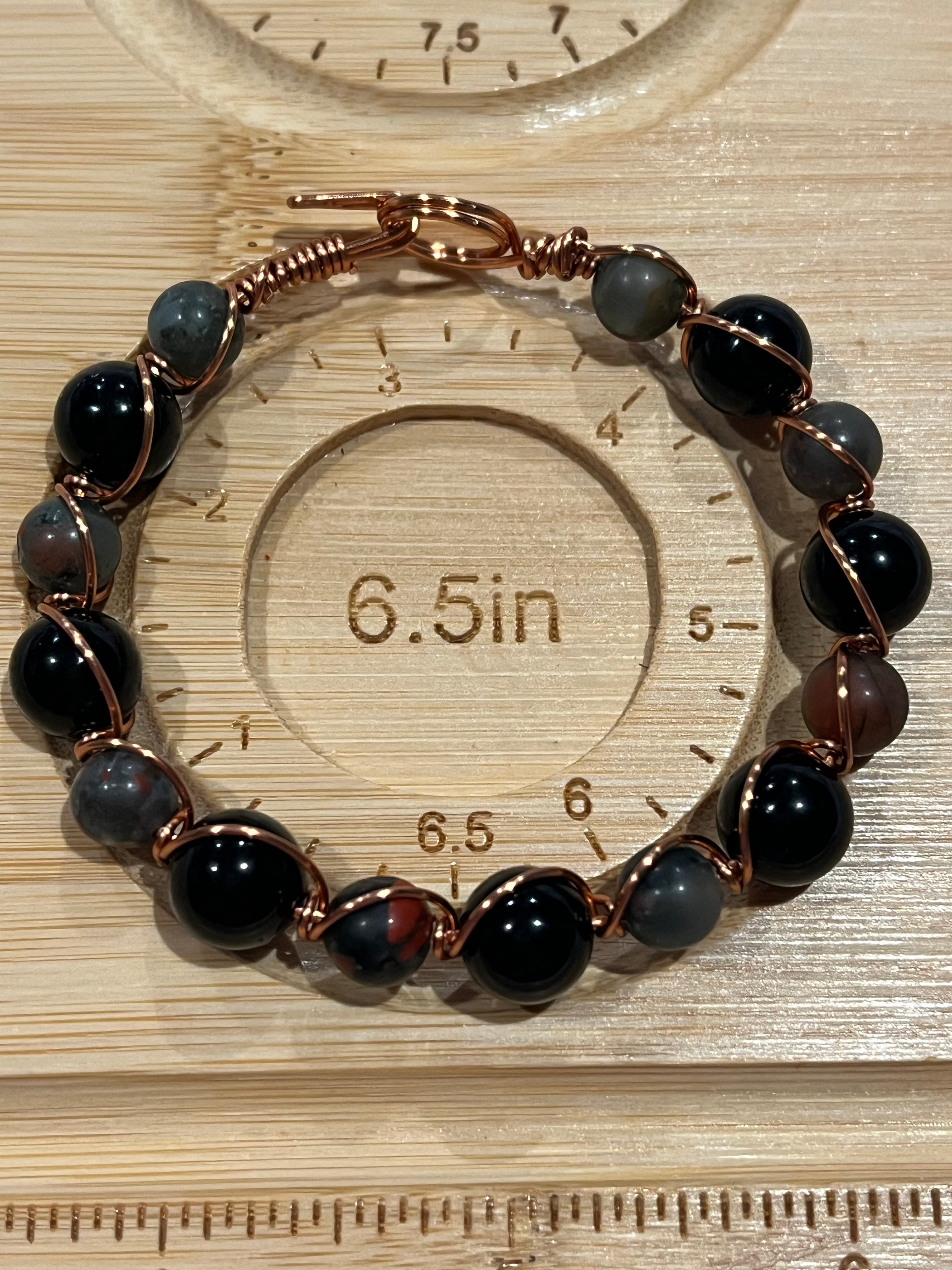 Black Onyx & African Bloodstone 6.5 inch copper wire-wrapped bracelet