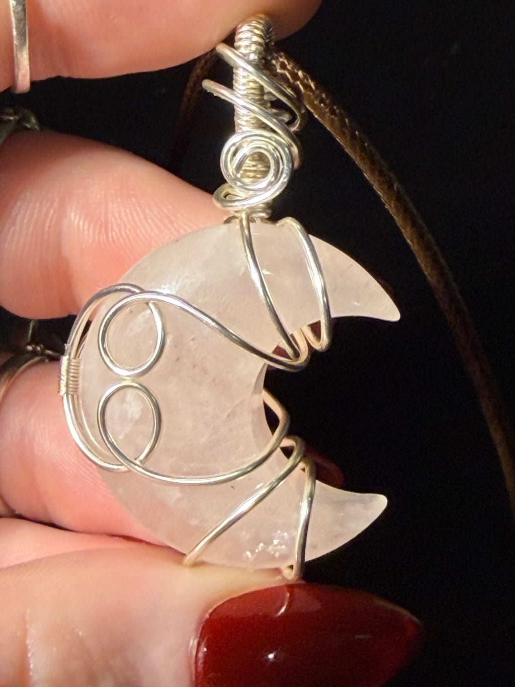 Rose Quartz silver-tone copper wire-wrapped moon pendant