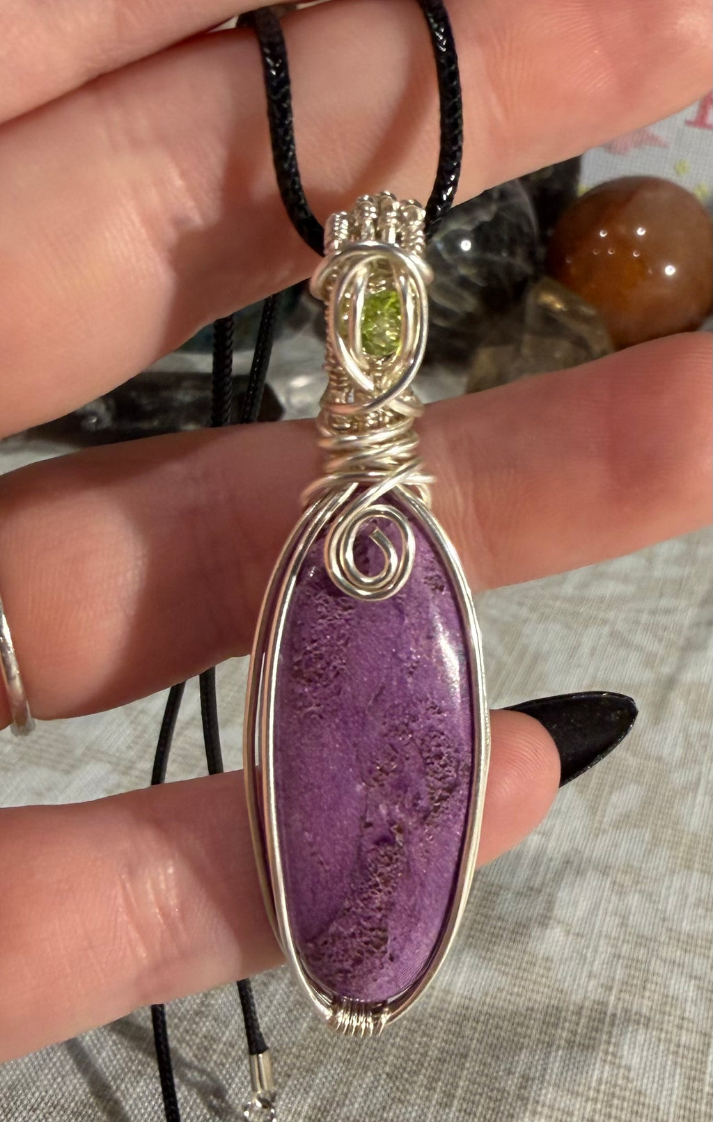Atlantisite & Peridot silver-tone copper wire-wrapped pendant