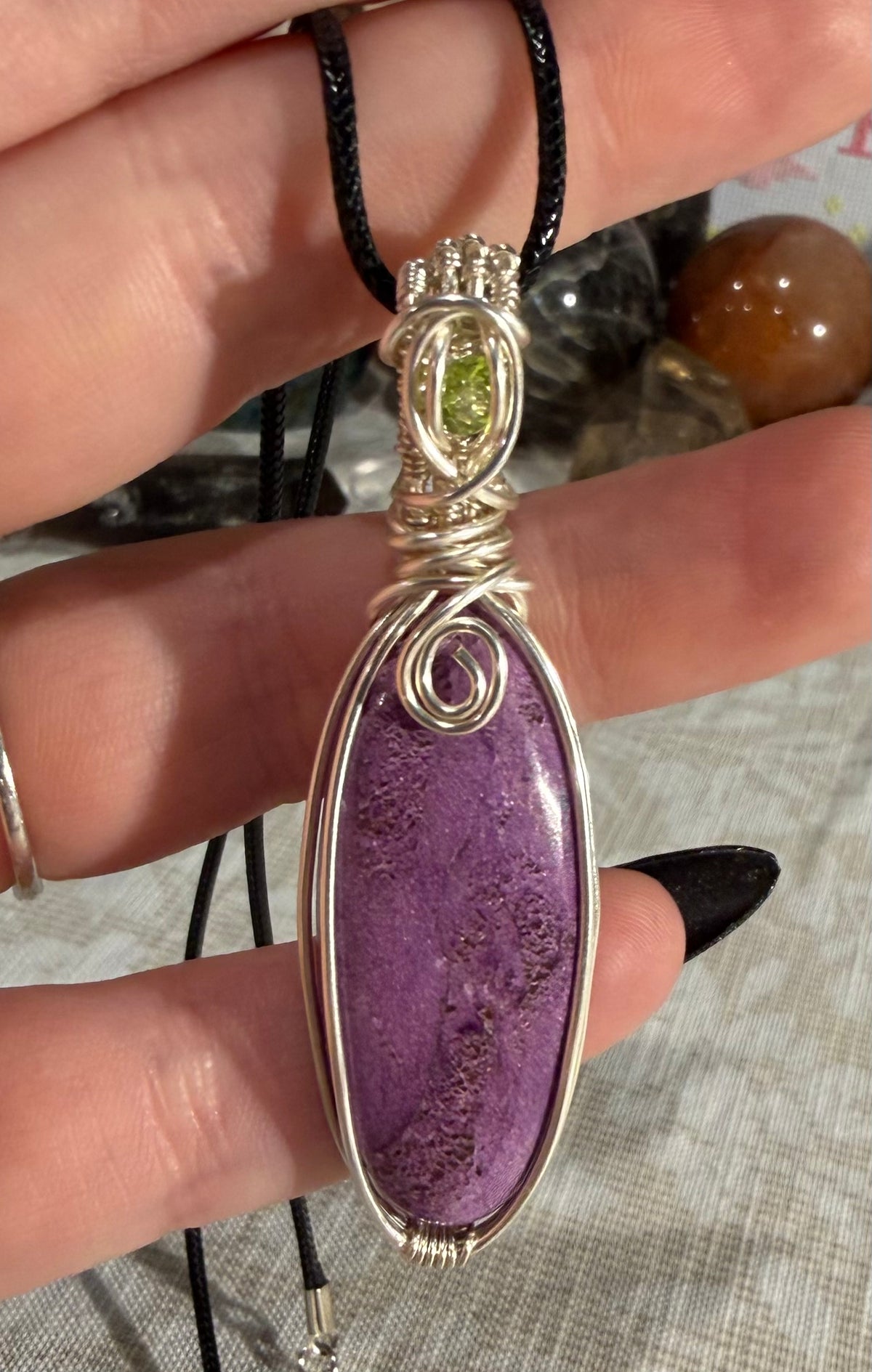 Atlantisite & Peridot silver-tone copper wire-wrapped pendant