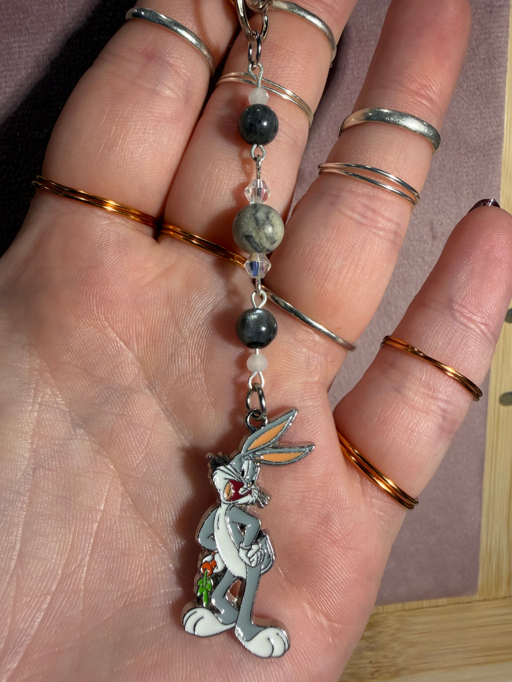 Picasso Jasper & Larvikite Bunny Character Keychain