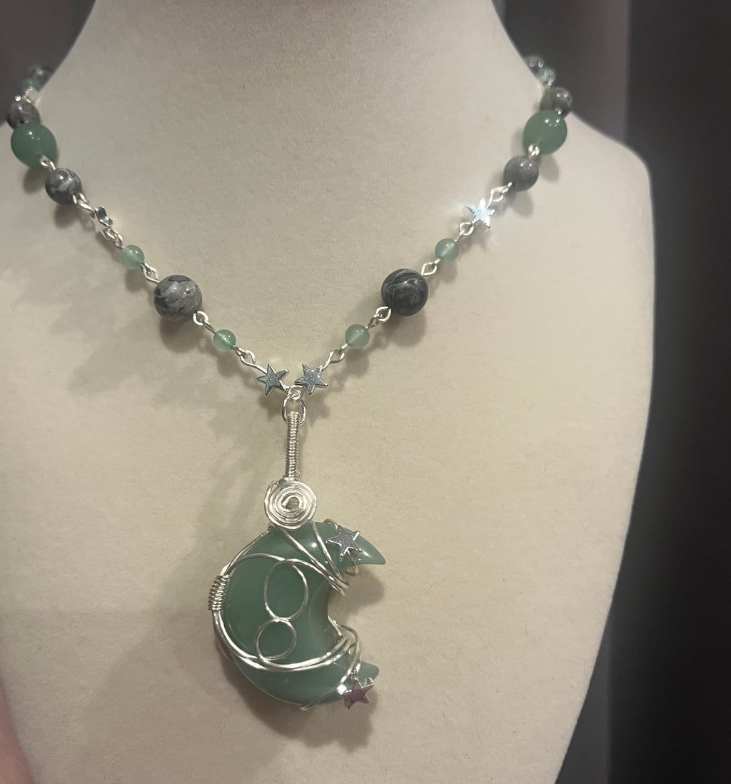 Green Aventurine moon silver-tone copper wire wrapped pendant beaded necklace