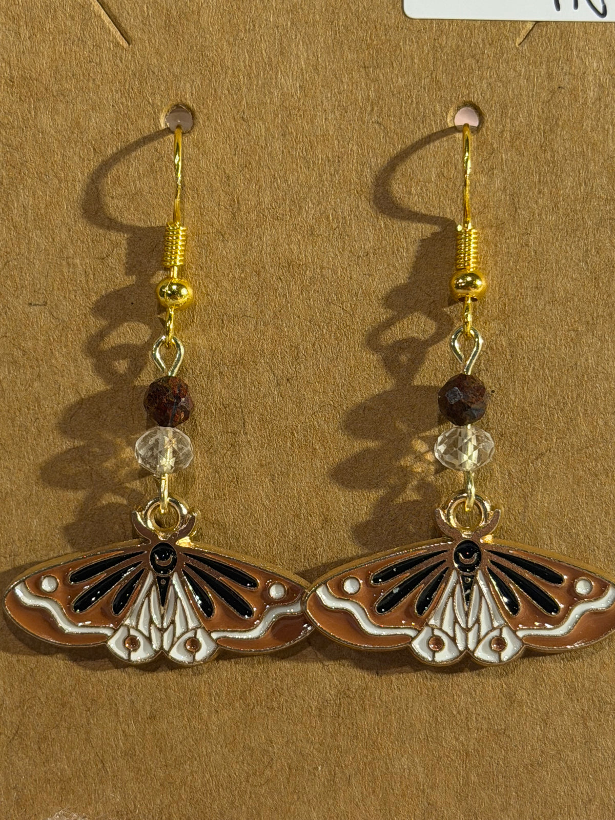 Pietersite & Quartz moth dangly earrings