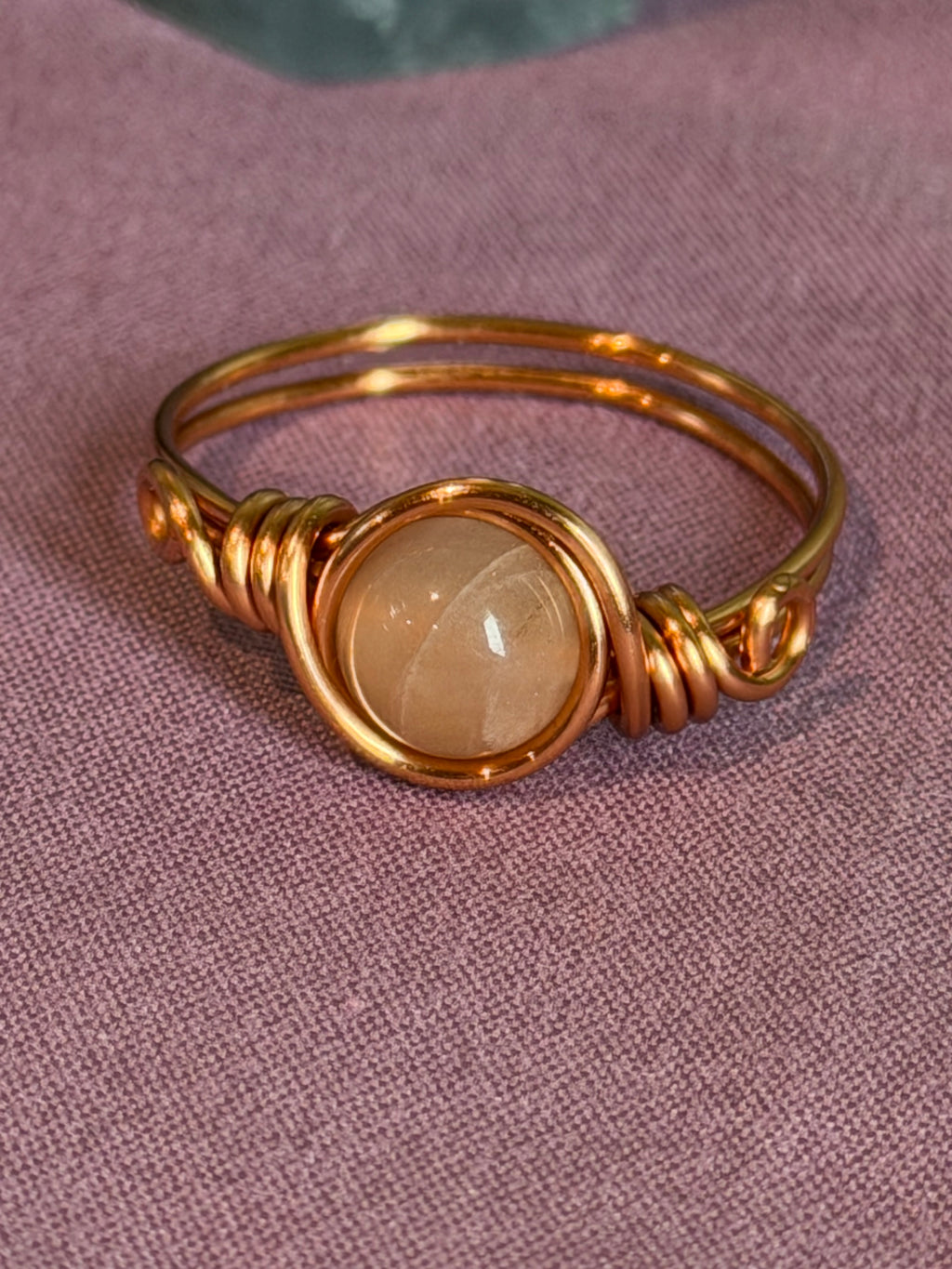 Peach Moonstone size 11 copper wire-wrapped ring