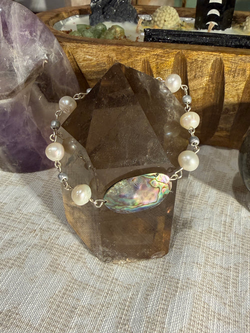 Abalone Shell & Freshwater Pearl 6 inch silver-tone bracelet