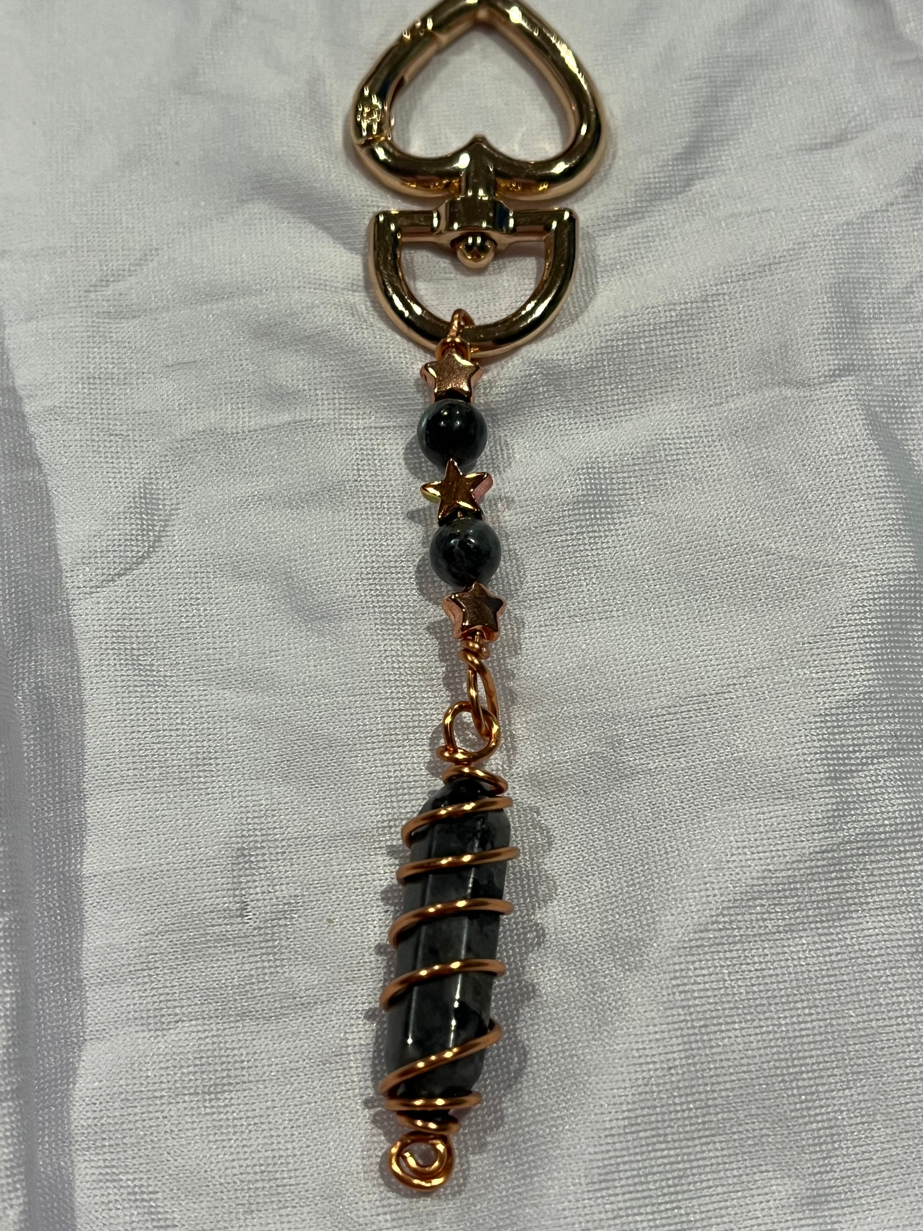 Larvikite double-terminated point copper wire-wrapped keychain/ purse charm