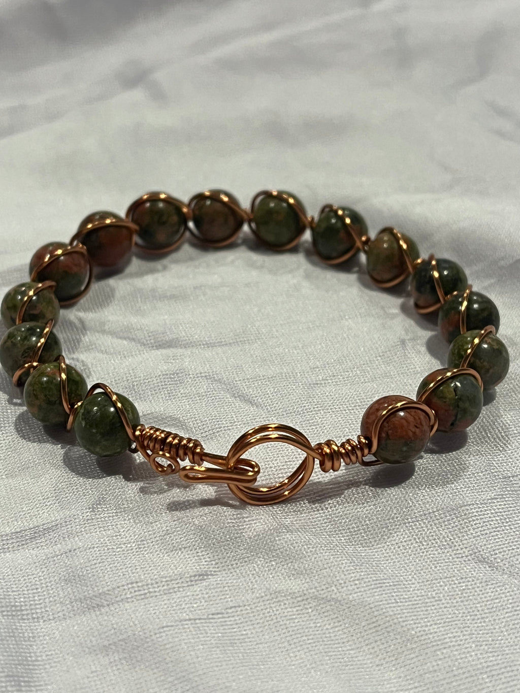 Unakite 6.5 inch copper wire-wrapped bracelet
