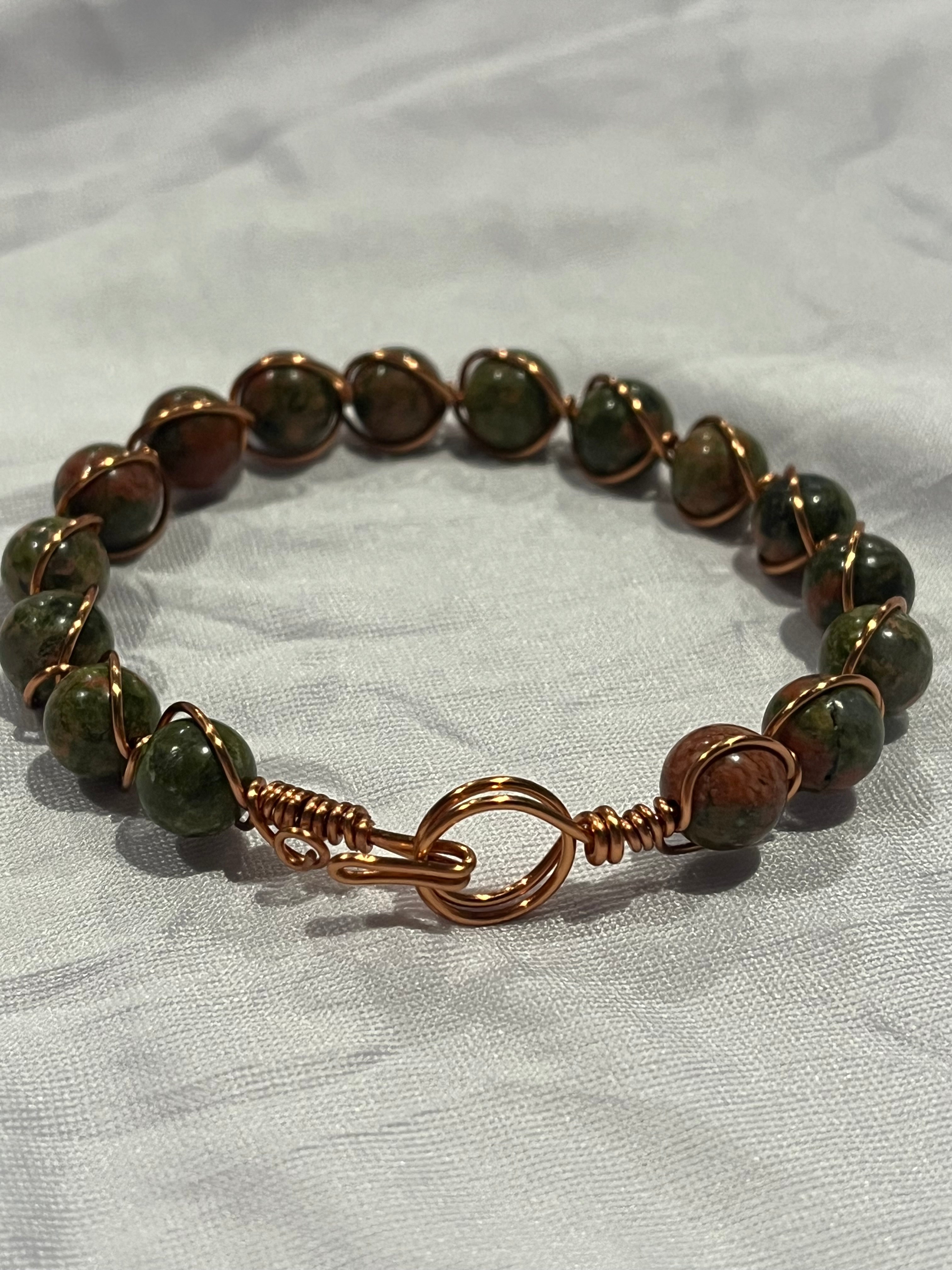 Unakite 6.5 inch copper wire-wrapped bracelet
