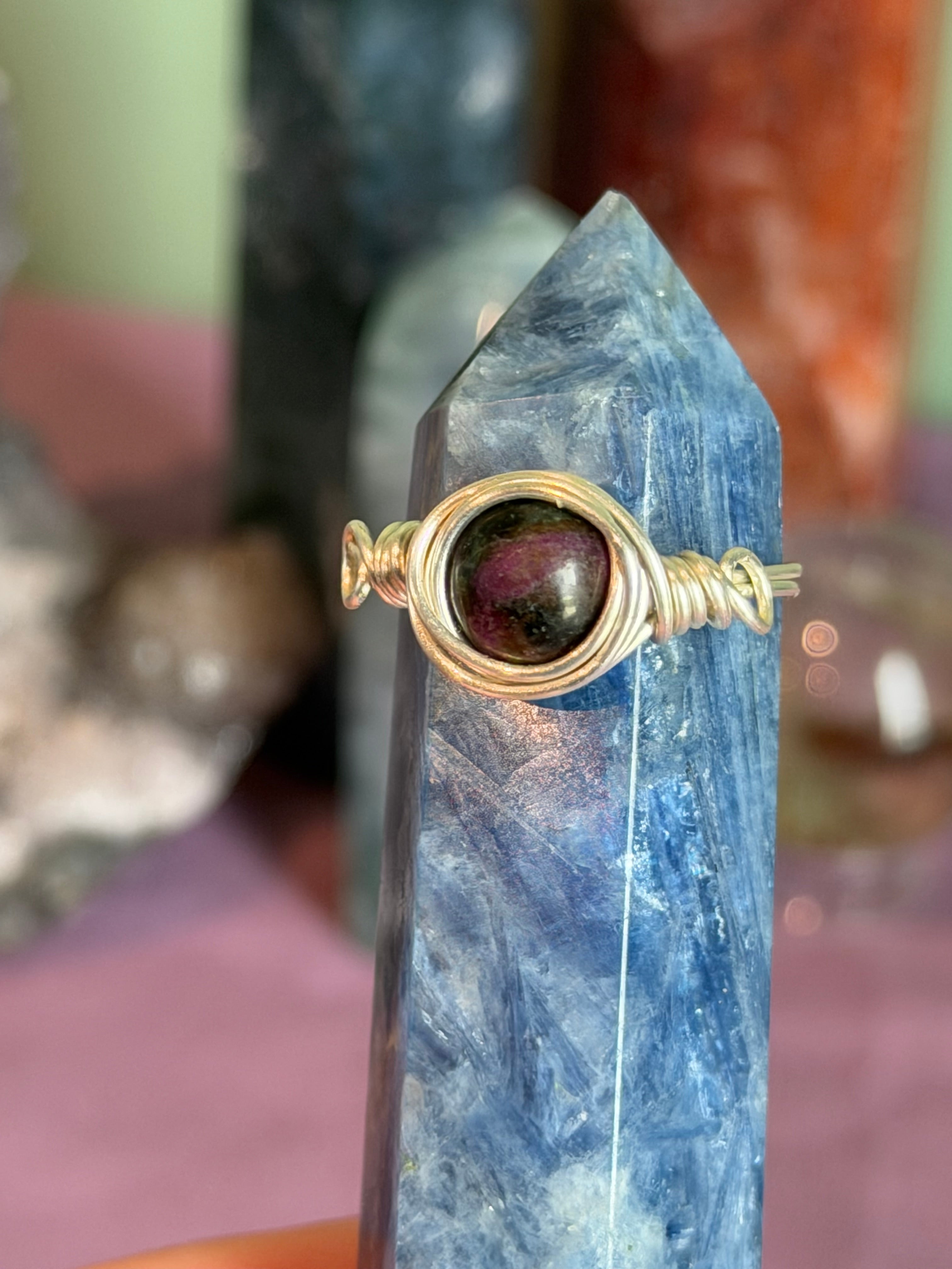 Ruby Zoisite size 9 silver-tone copper wire-wrapped ring