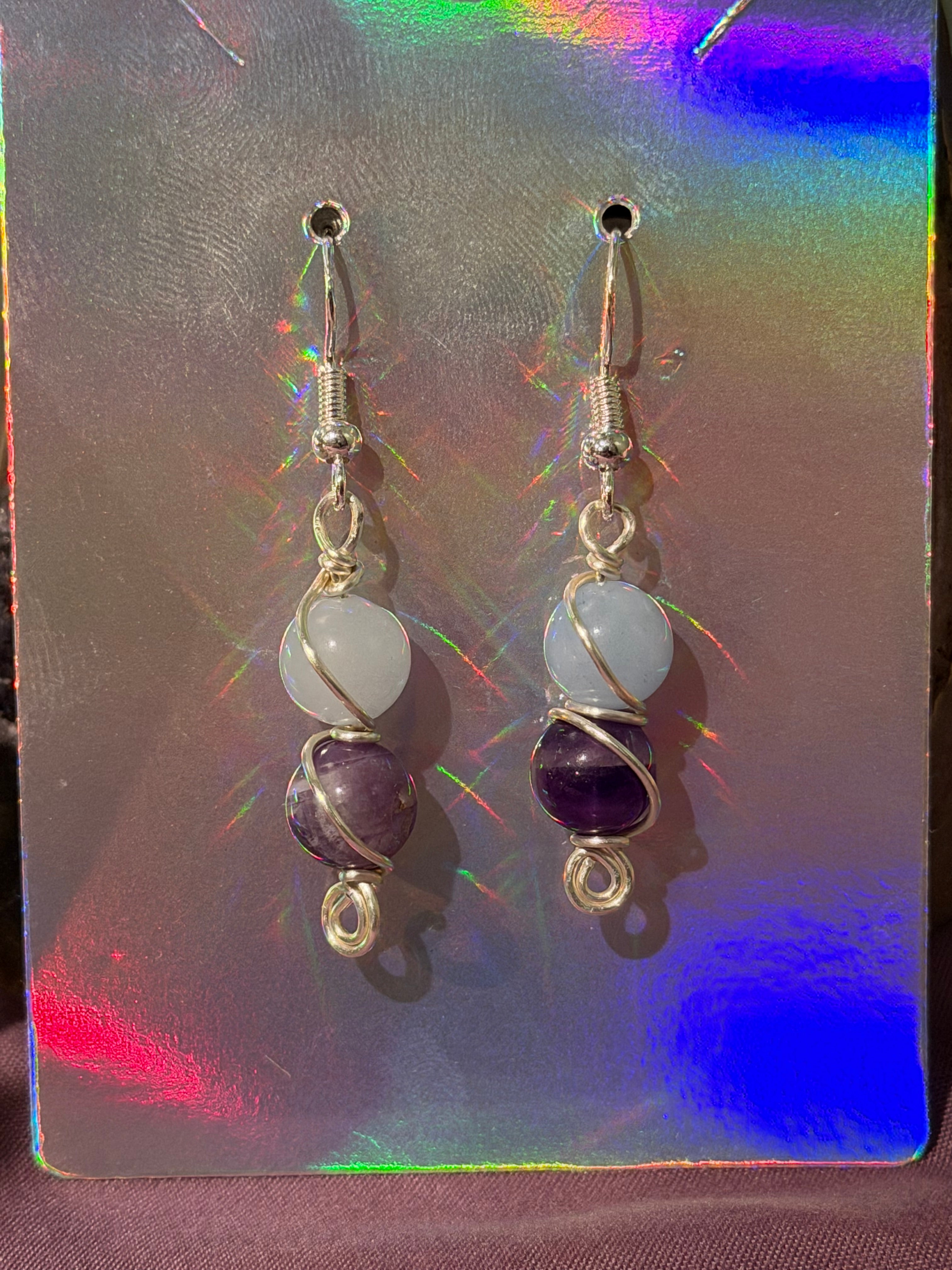 Aquamarine & Amethyst silver-tone copper wire-wrapped earrings
