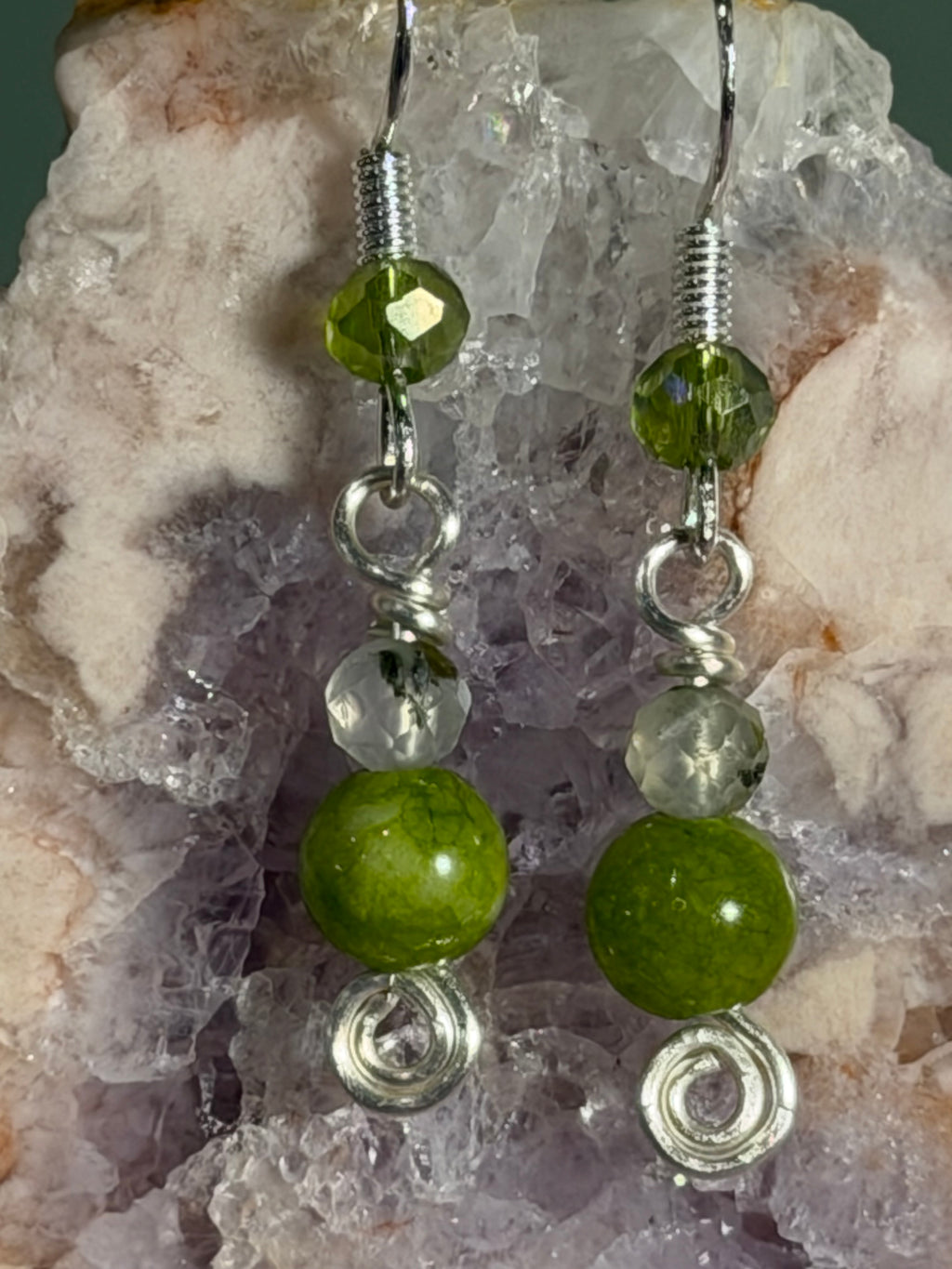 Peridot, Prehnite & green glass beaded silver-tone earrings