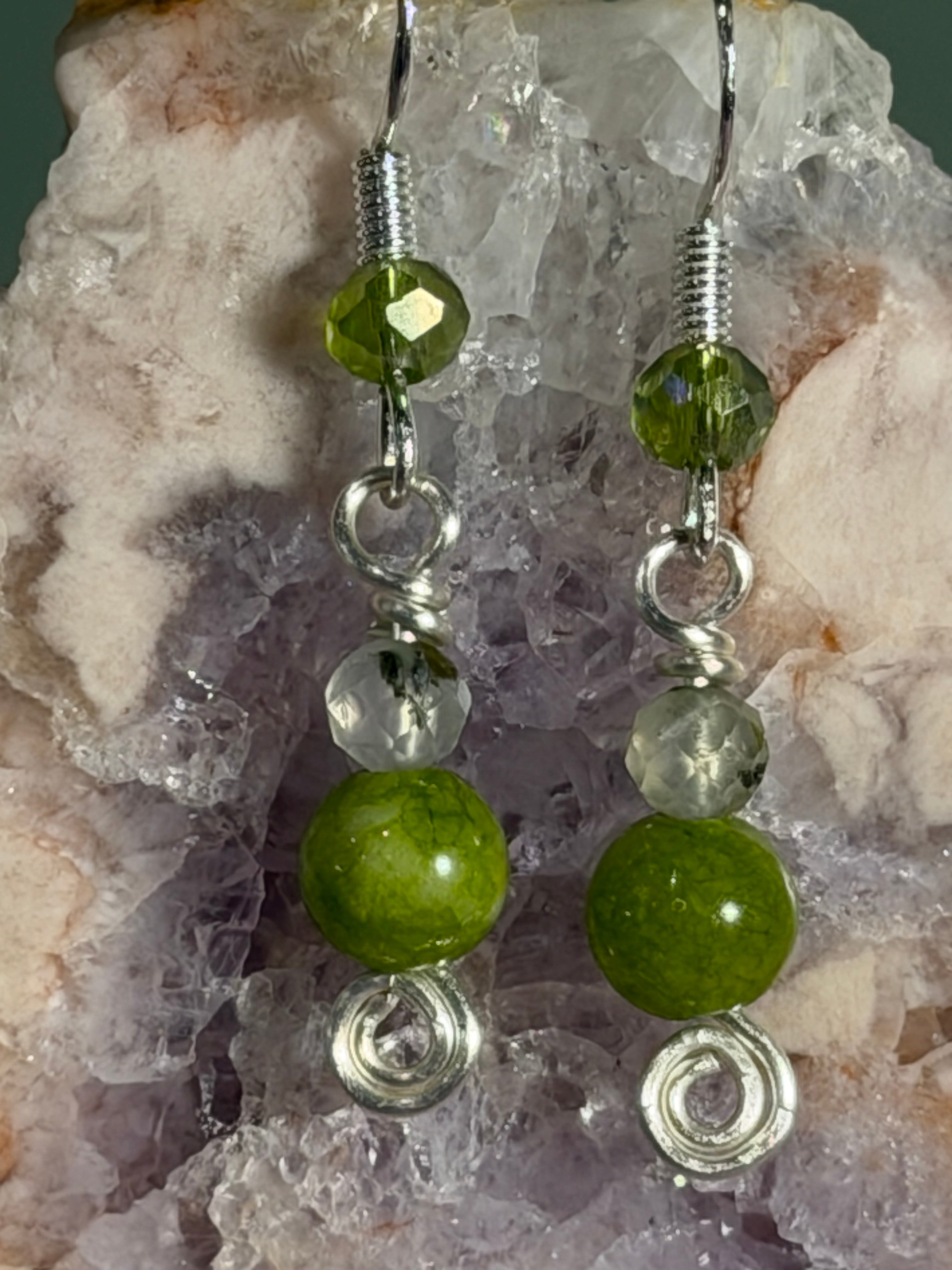 Peridot, Prehnite & green glass beaded silver-tone earrings