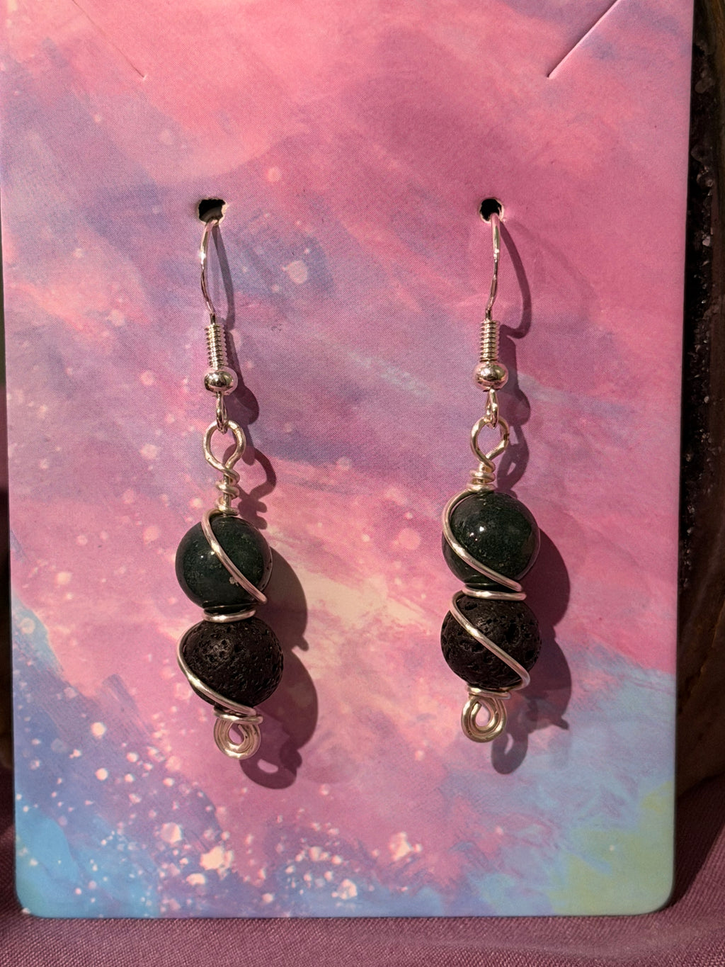 Moss Agate & Lava Stone silver-tone copper wire-wrapped earrings