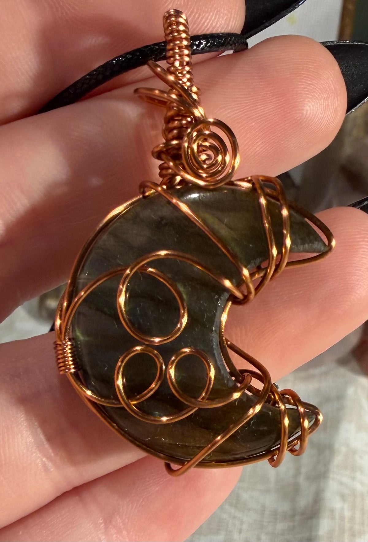 Labradorite moon copper wire-wrapped pendant