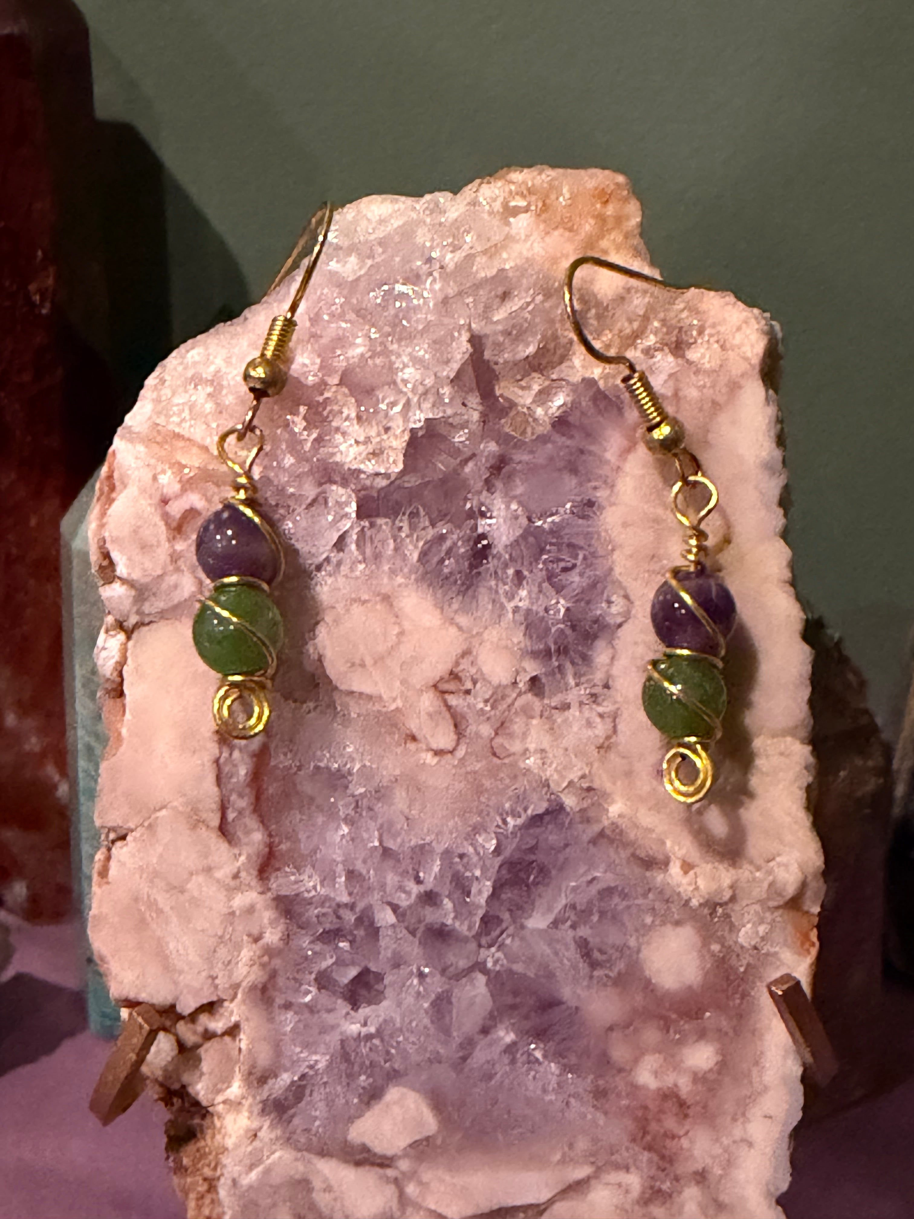 Amethyst & Peridot gold-tone copper wire-wrapped earrings