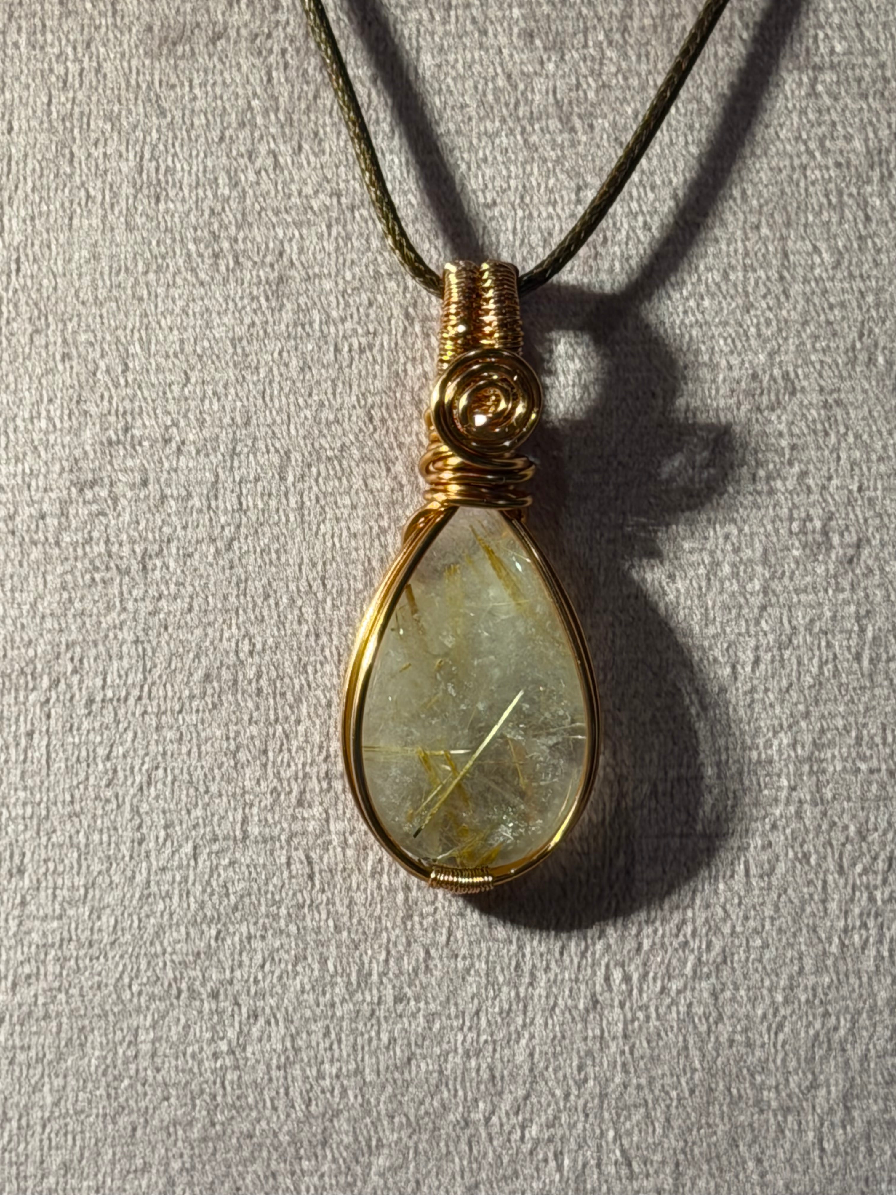 Golden Rutilated Quartz copper wire-wrapped pendant