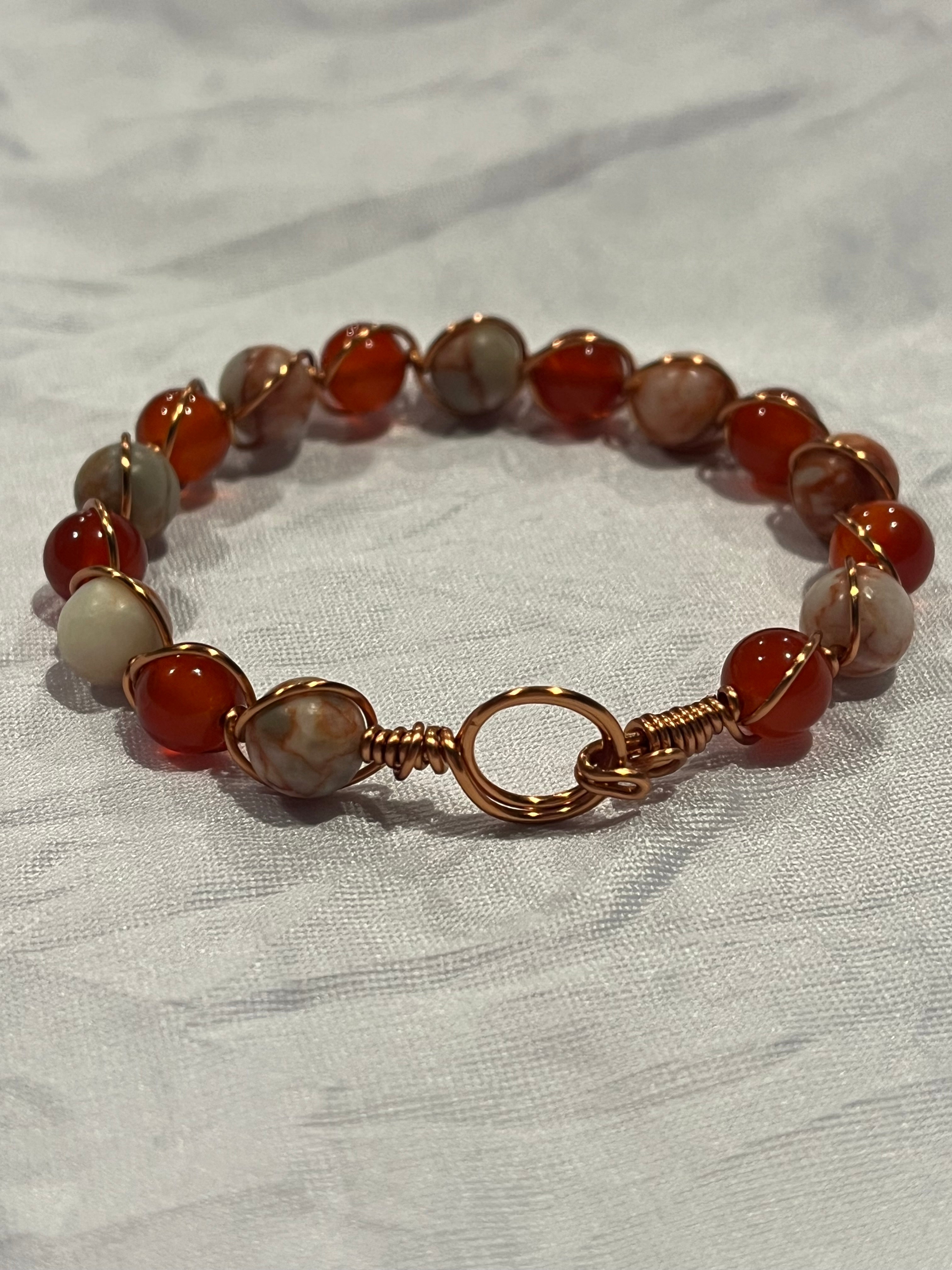 Red Network Jasper & Red Agate 6.5 inch copper wire-wrapped bracelet