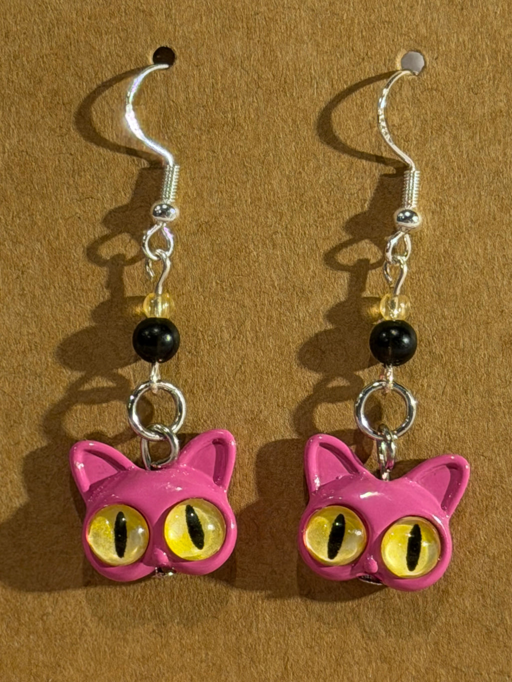 Black Agate beaded pink cat dangle earrings