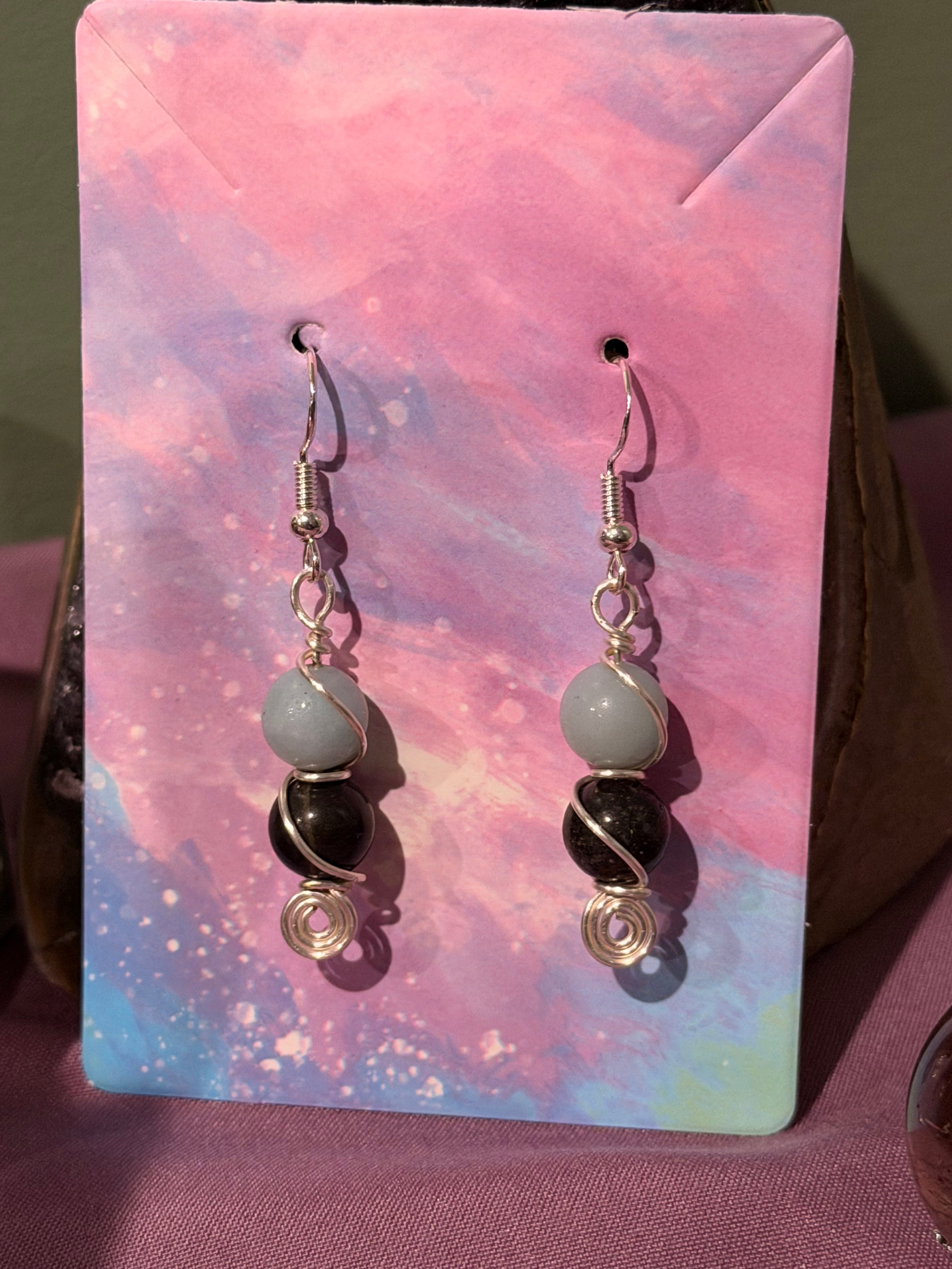 Double Amazonite silver-tone copper wire-wrapped earrings