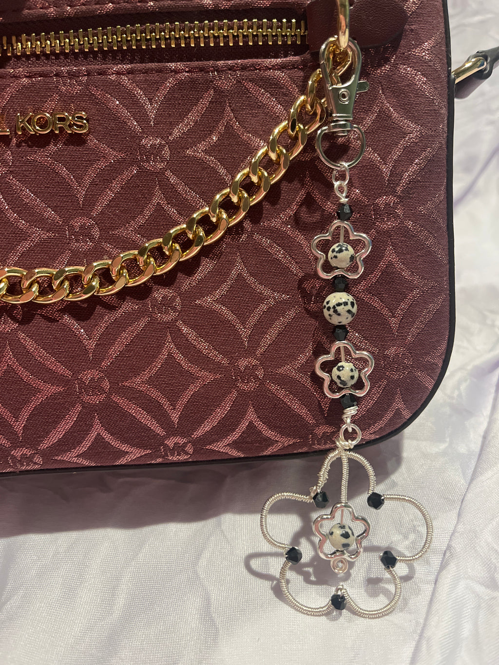 Dalmatian Jasper silver-tone copper wire-wrapped flower keychain/ purse charm