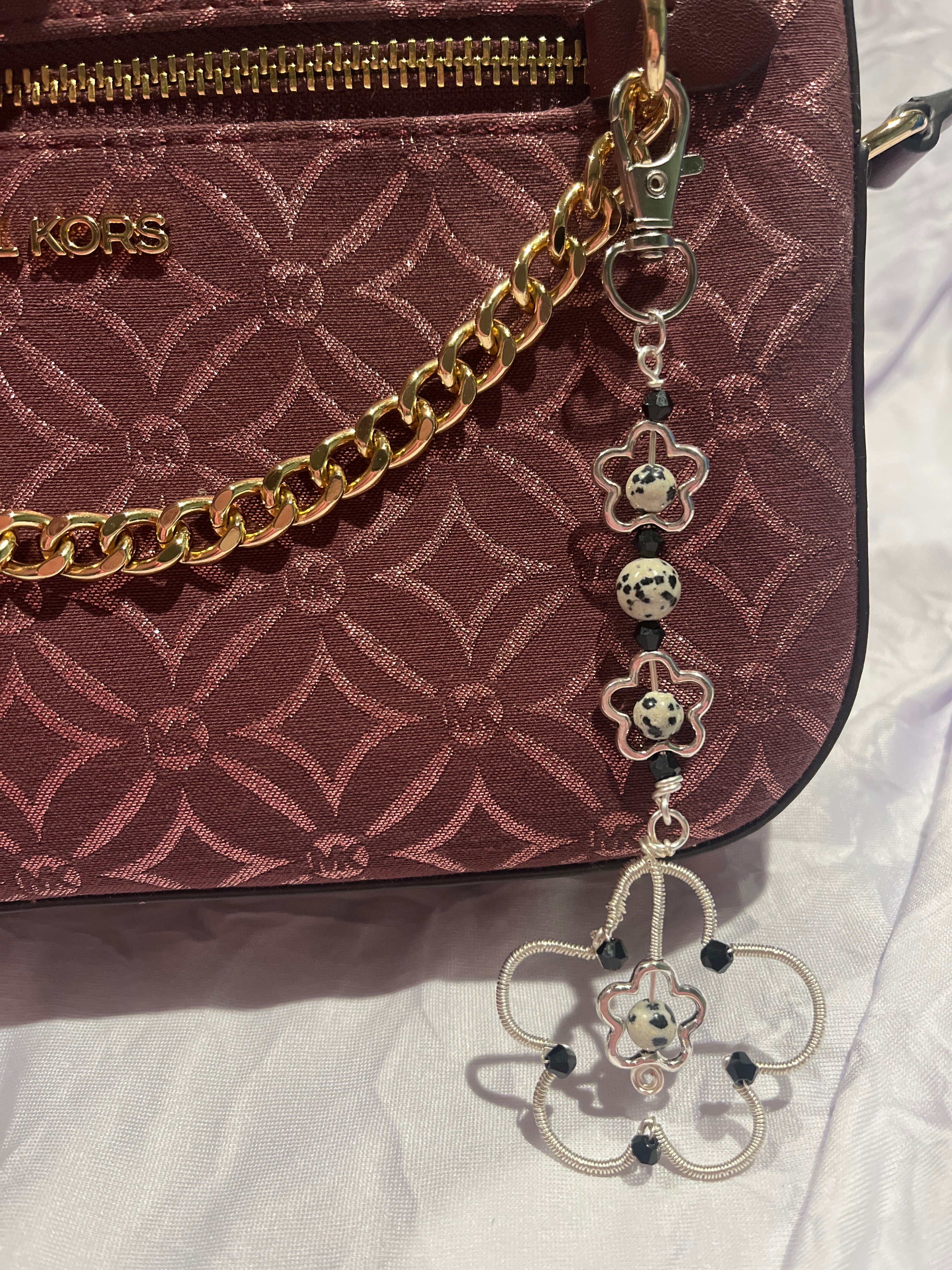 Dalmatian Jasper silver-tone copper wire-wrapped flower keychain/ purse charm