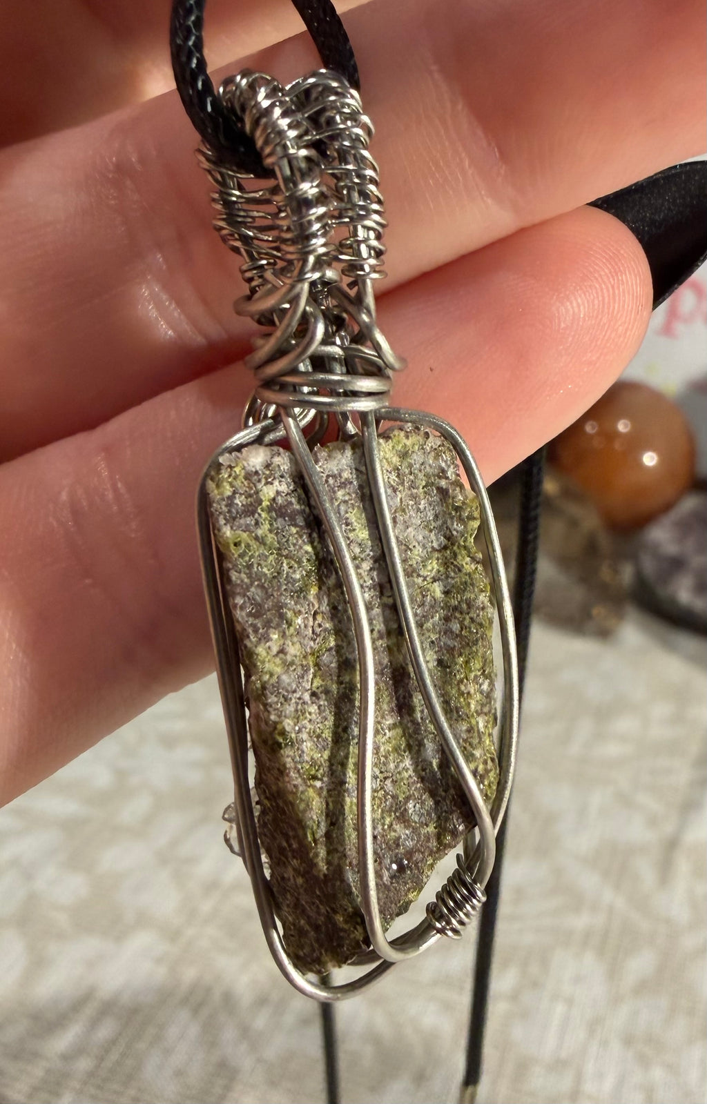 Epidote & Quartz specimen stainless steel wire-wrapped pendant