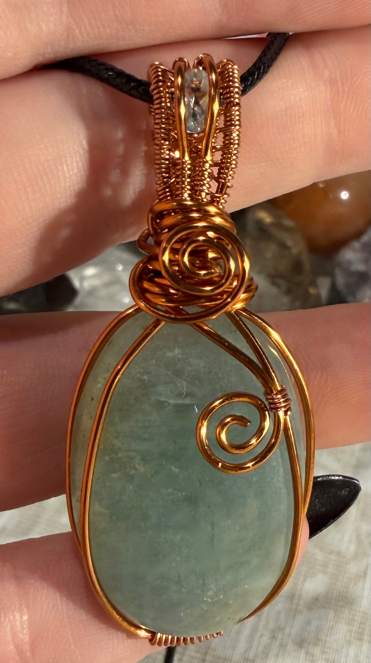 Double Aquamarine copper wire-wrapped pendant