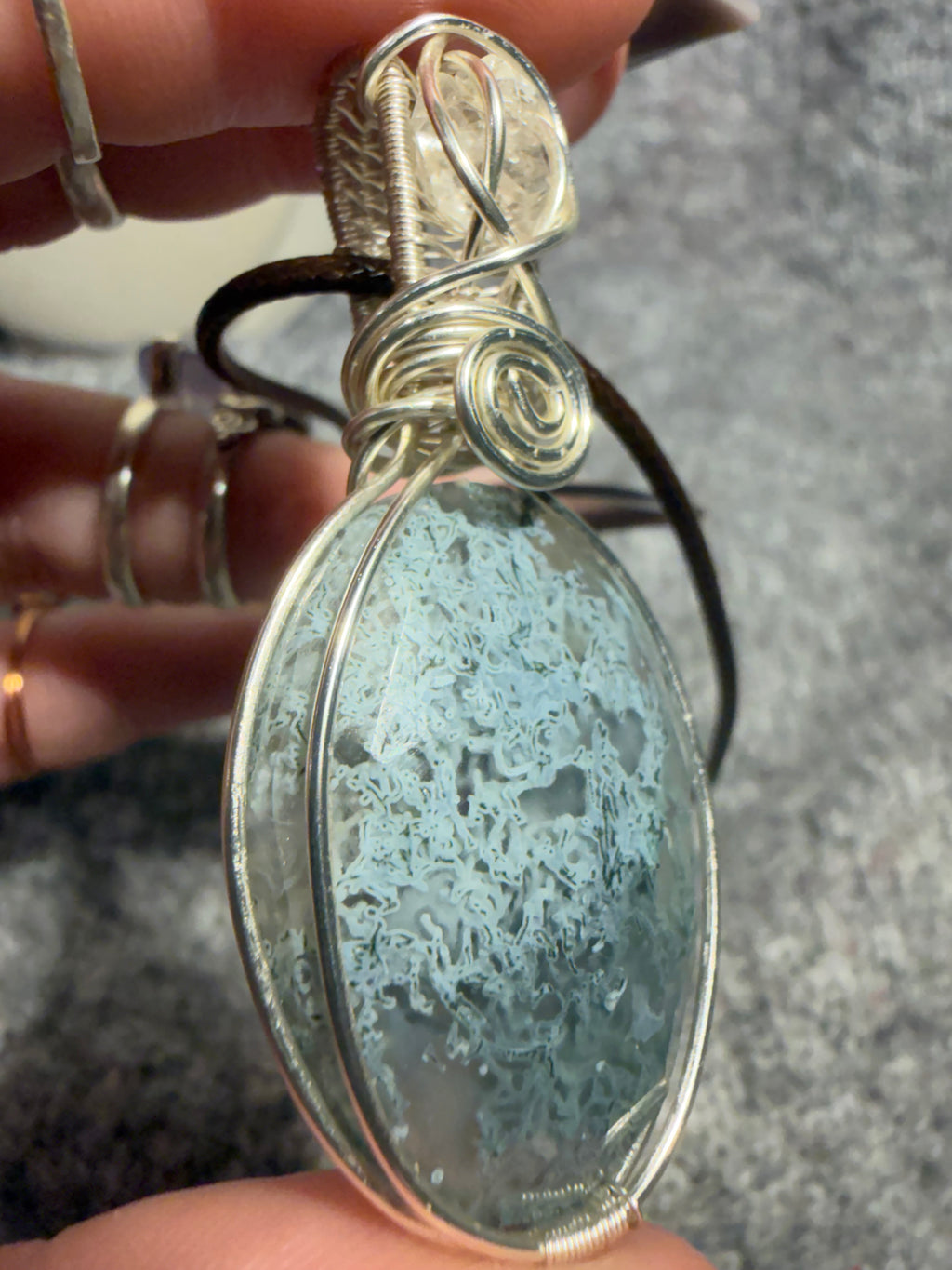Faceted Moss Agate & Herkimer Diamond silver-tone copper wire-wrapped pendant