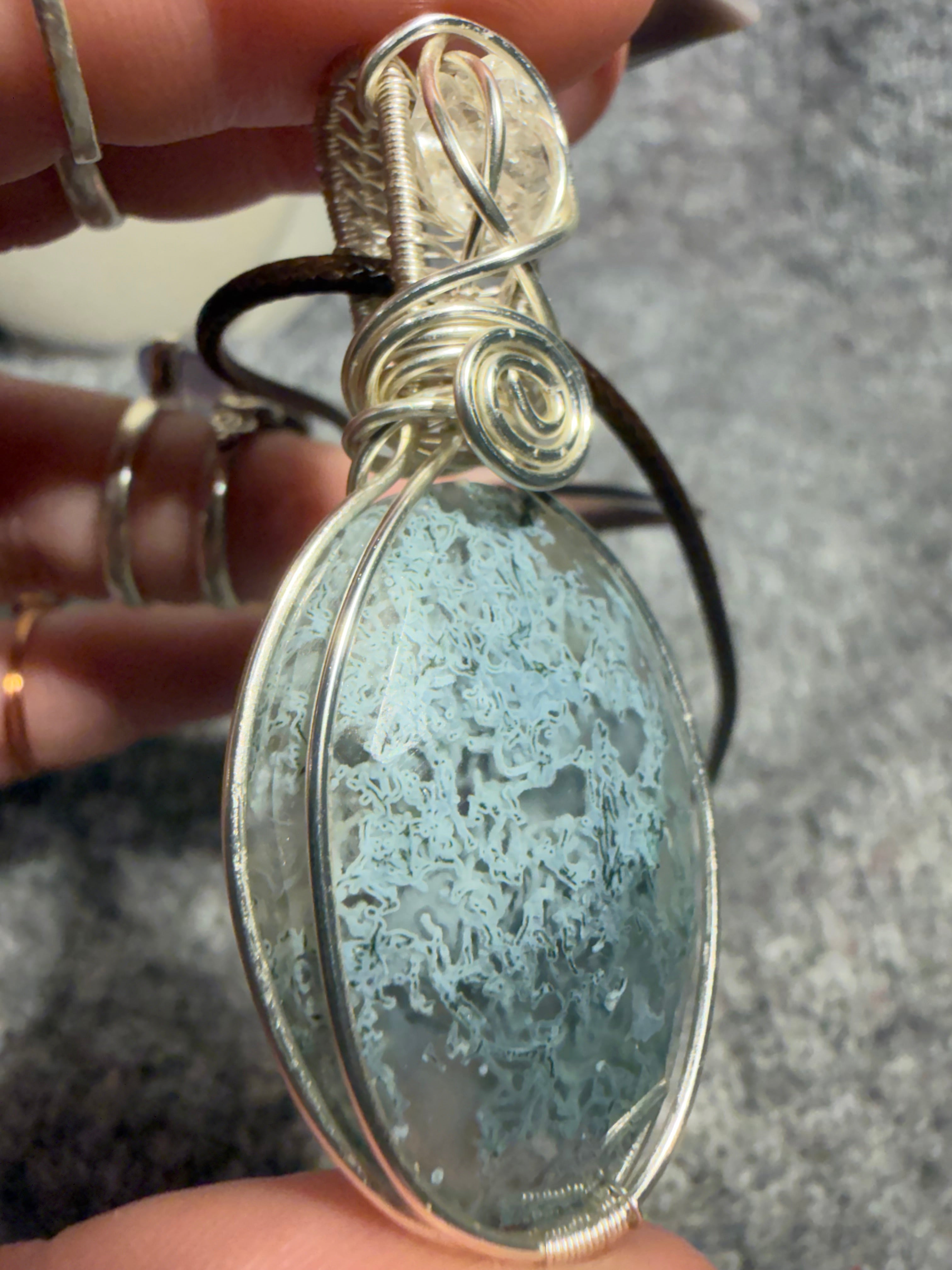 Faceted Moss Agate & Herkimer Diamond silver-tone copper wire-wrapped pendant