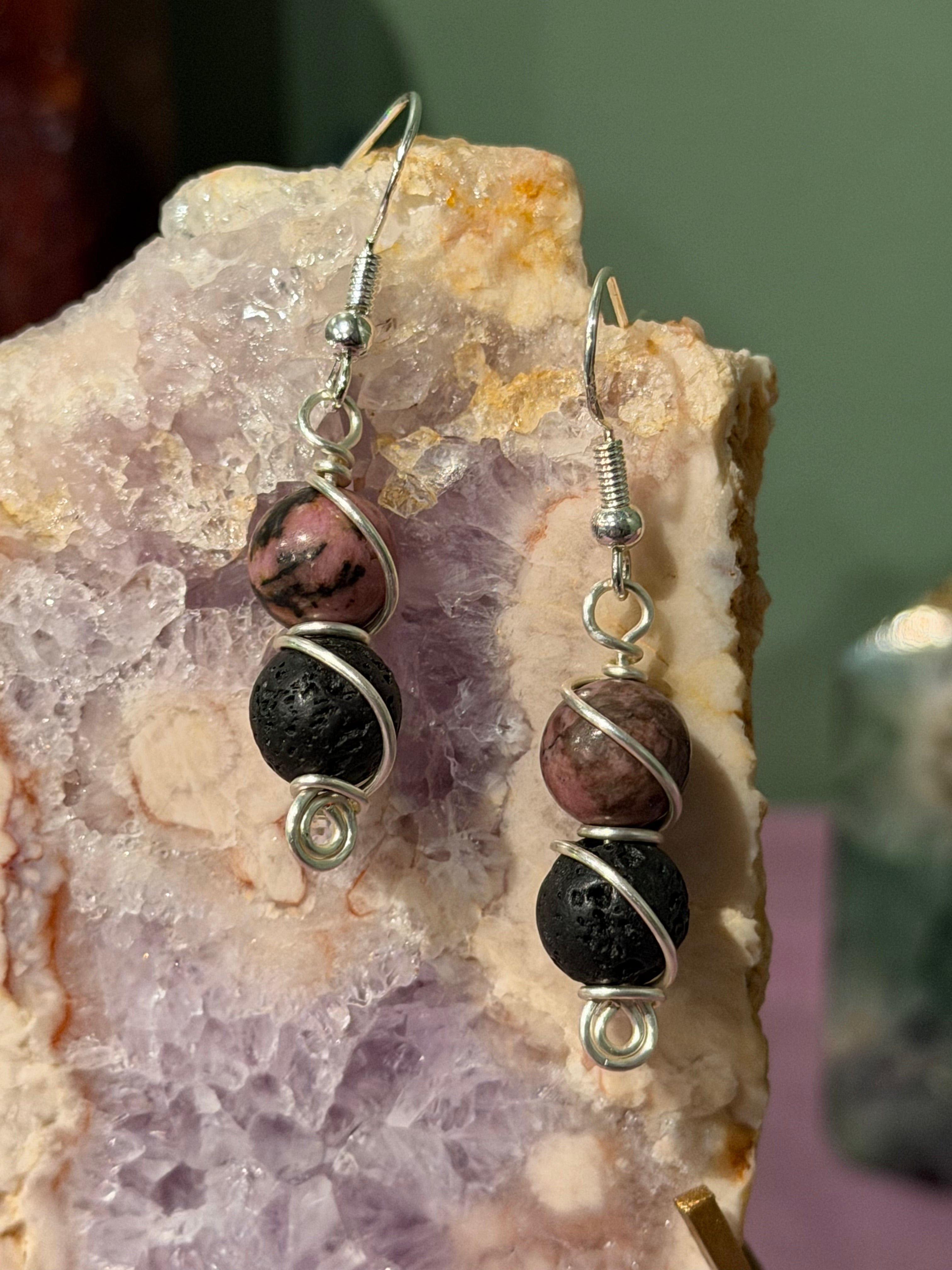 Rhodonite & Lava Stone silver-tone copper wire-wrapped earrings