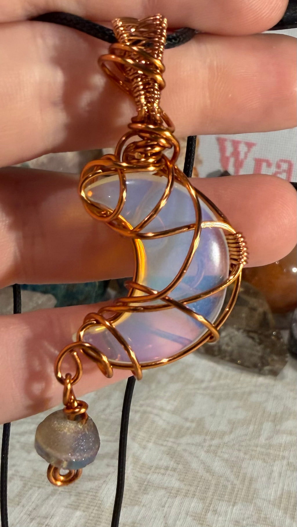 Opalite moon copper wire-wrapped pendant