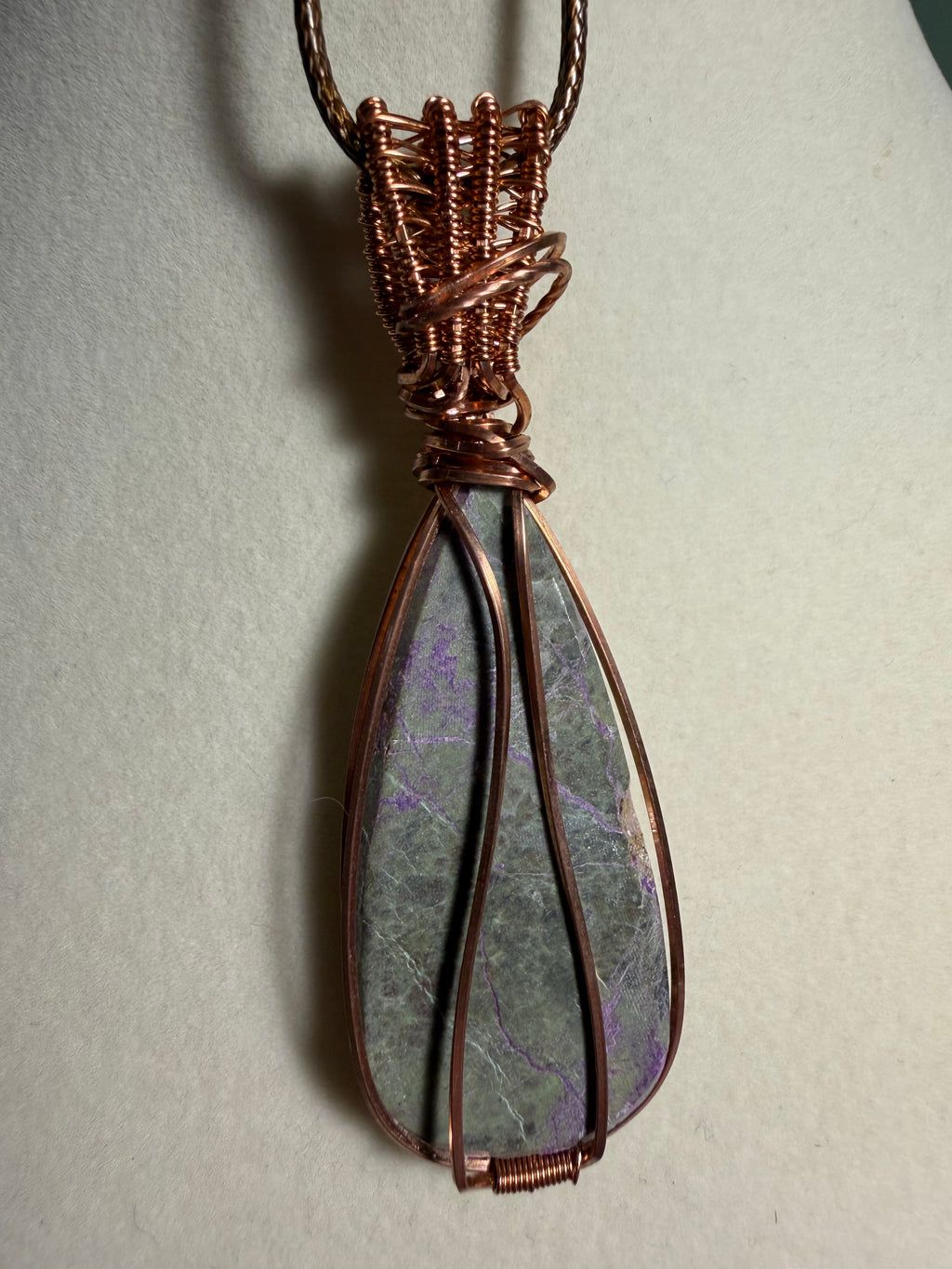 Atlantisite & Amethyst copper wire-wrapped pendant