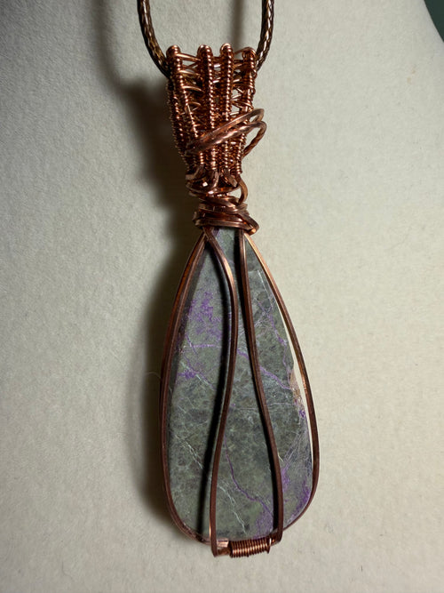 Atlantisite & Amethyst copper wire-wrapped pendant